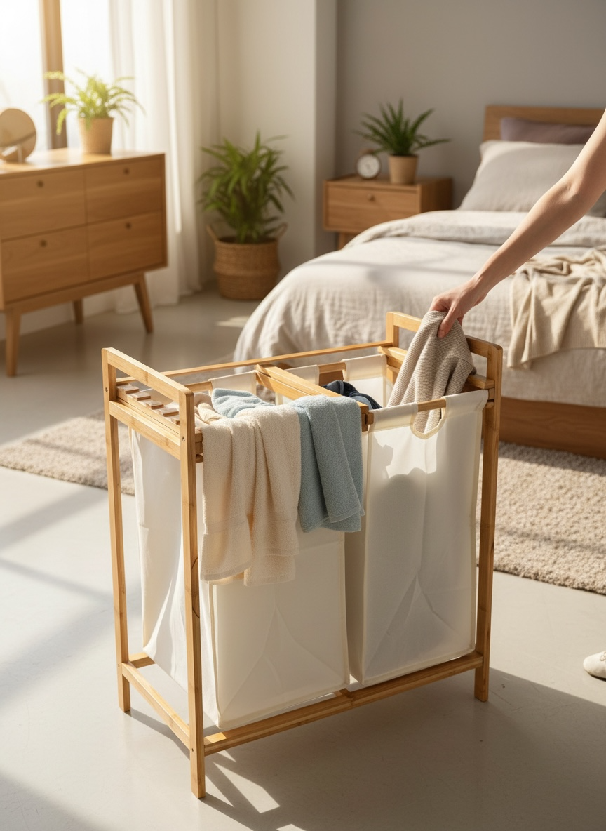 Bamboo Laundry Organizer with Dual Fabric Hampers