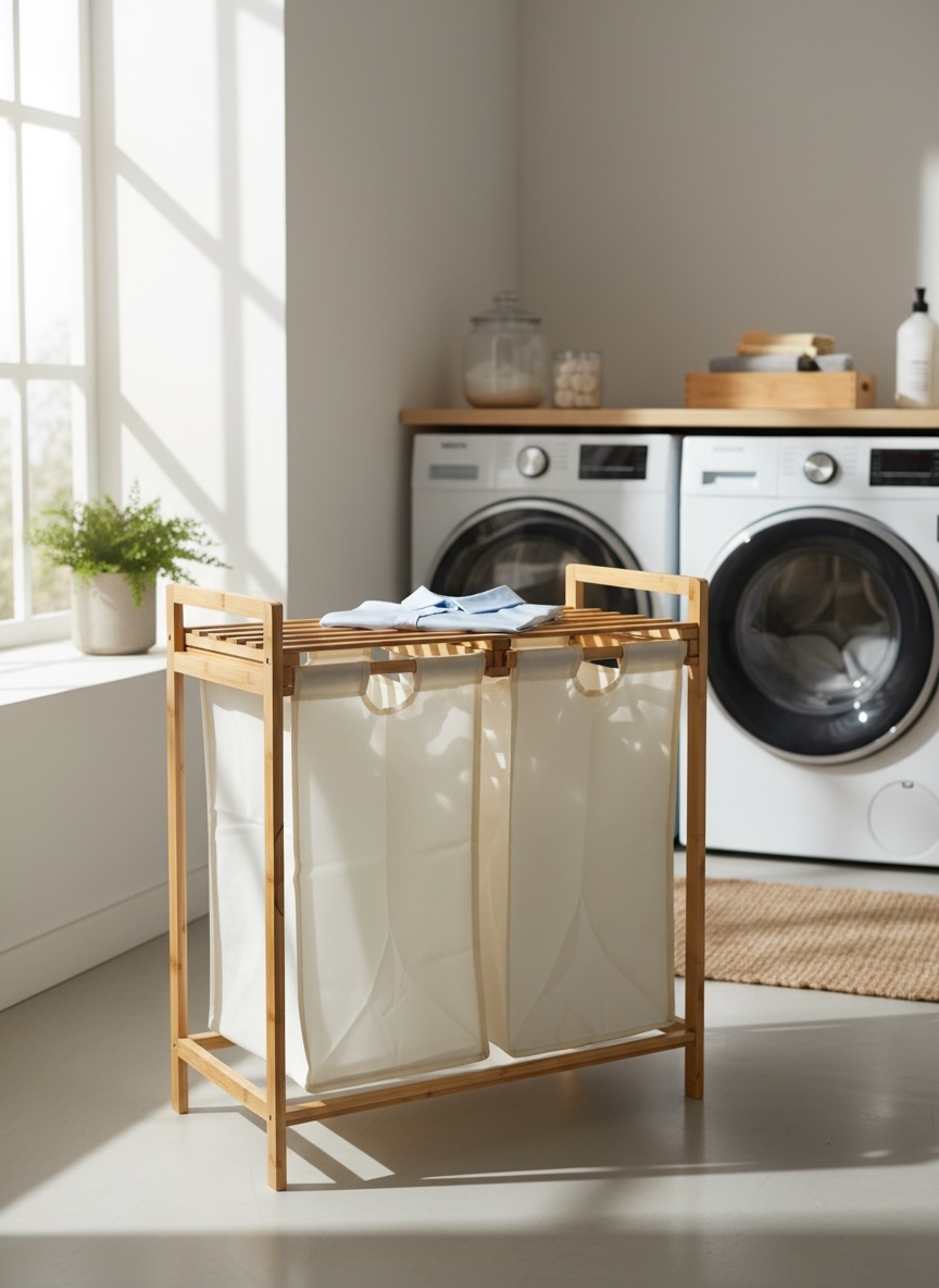 Bamboo Laundry Organizer with Dual Fabric Hampers