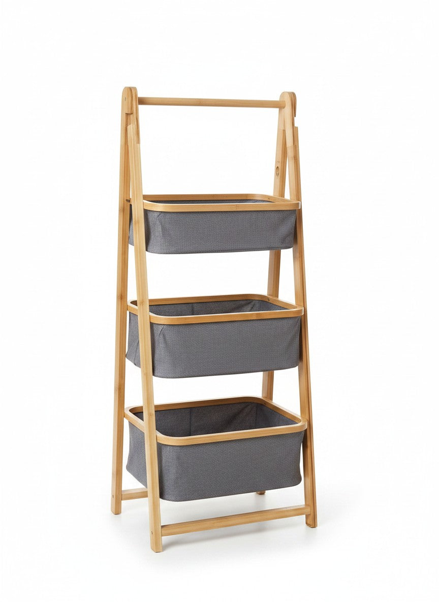 High Objects 3-tier bamboo storage organizer rack with grey fabric baskets holding towels, clothes, shoes, and bags.