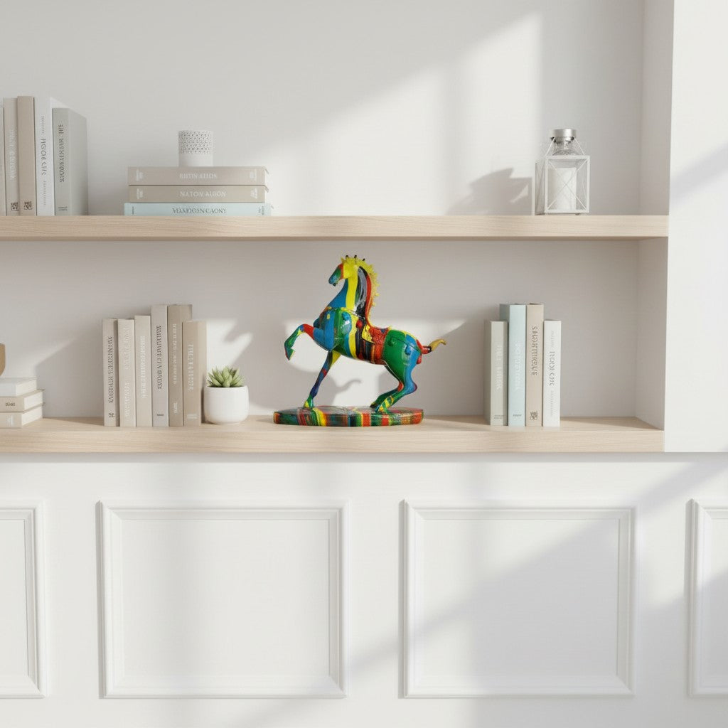 High Objects colourful abstract horse sculpture with vibrant paint strokes on a decorative base, displayed on a shelf.