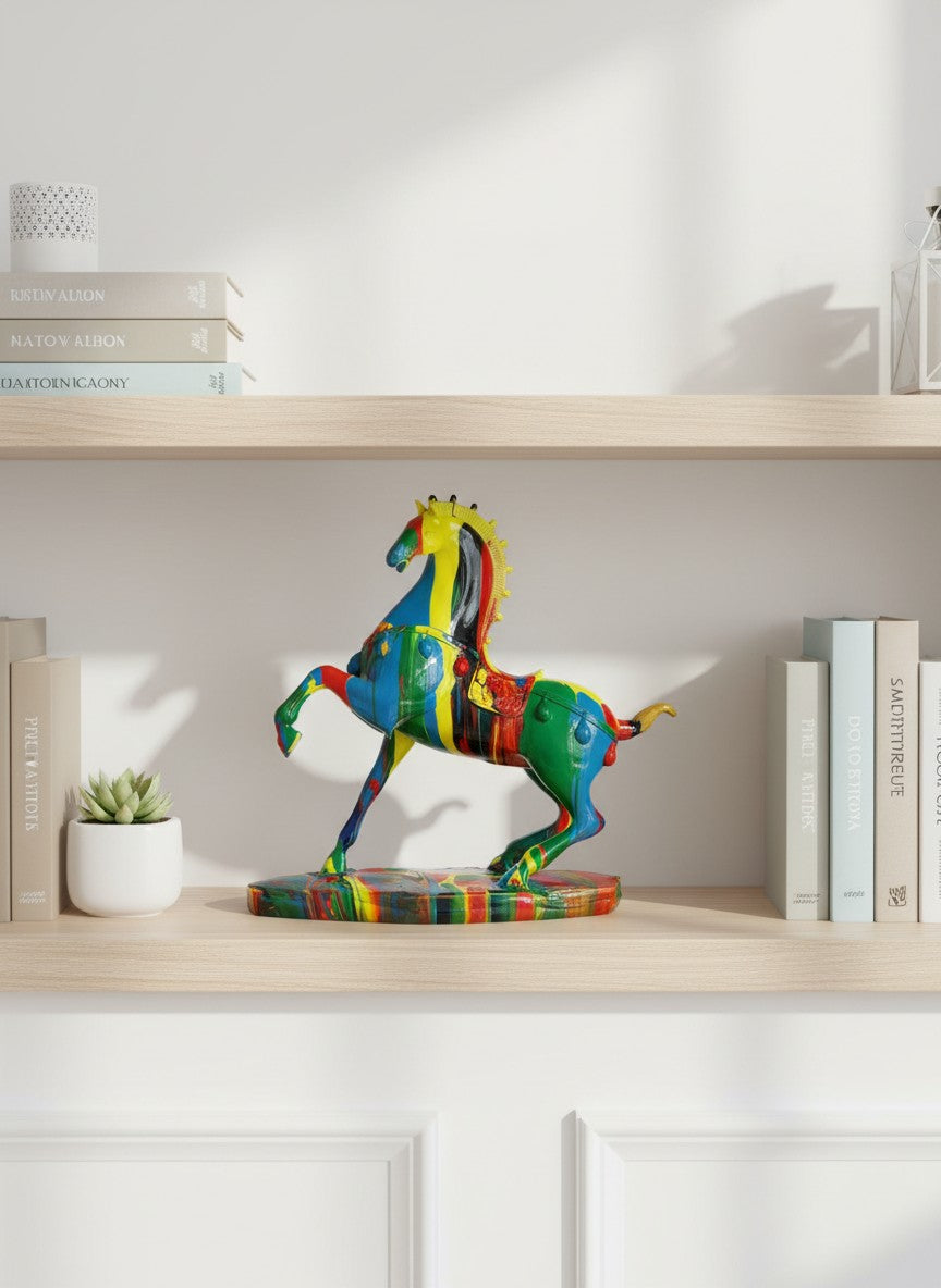 High Objects abstract horse showpiece sculpture with vibrant, dripping paint in blue, yellow, red, green, and black.