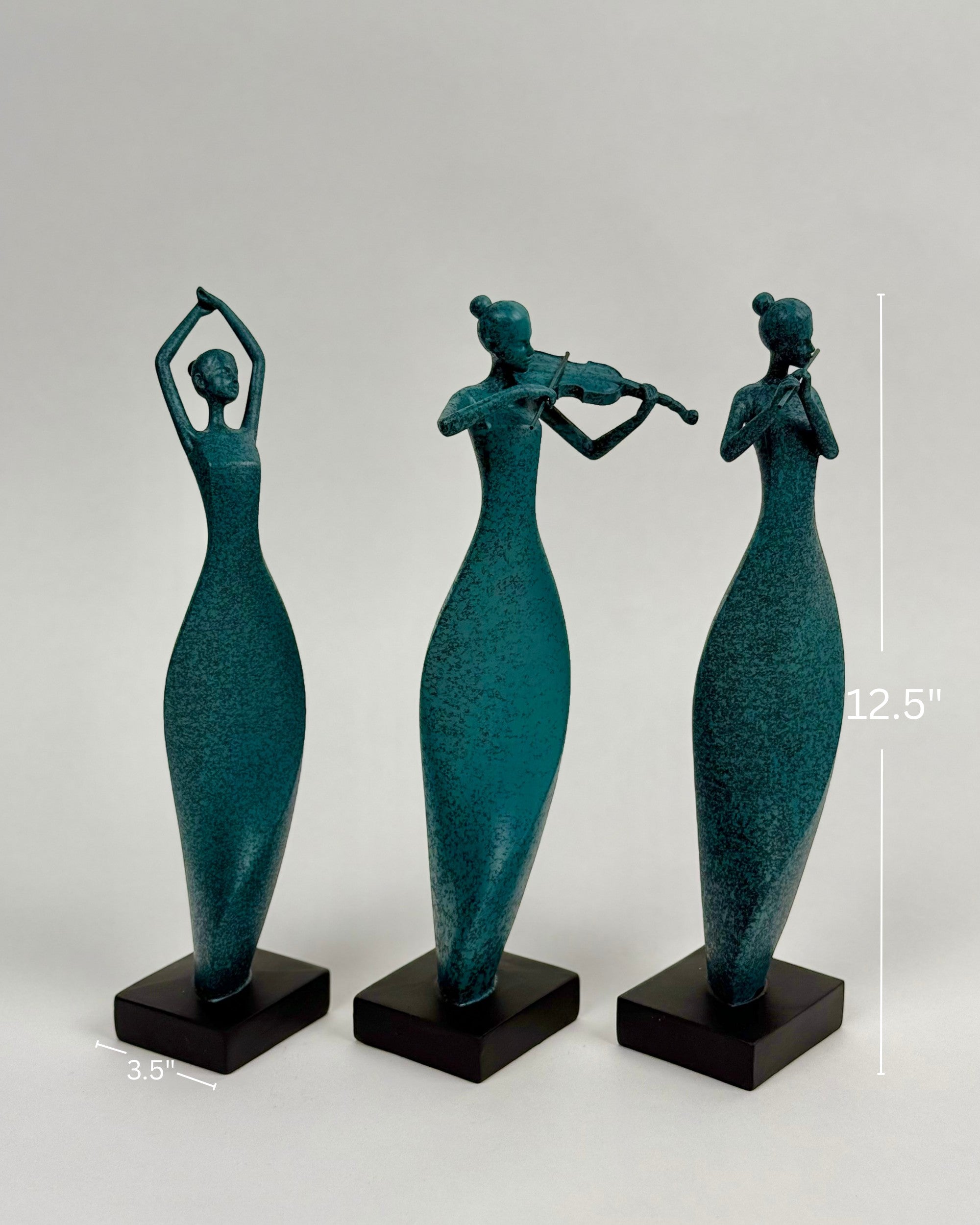High Objects Abstract Musician Showpiece Set, textured teal polyresin figures playing violin and flute, on black bases.