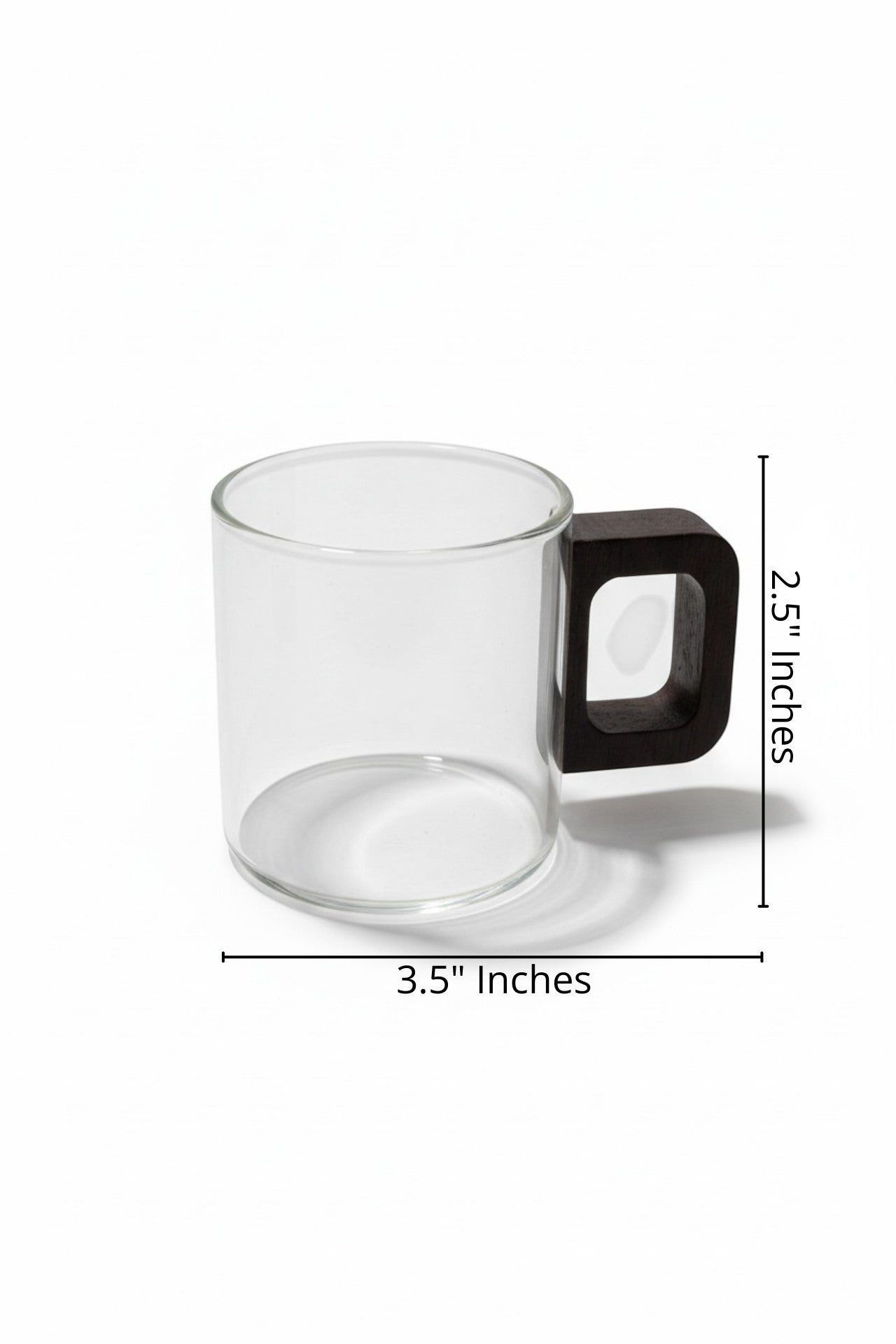 High Objects Aether Arc glass cup with dark square handle. Clear borosilicate glass, 3.5" W x 2.5" H.