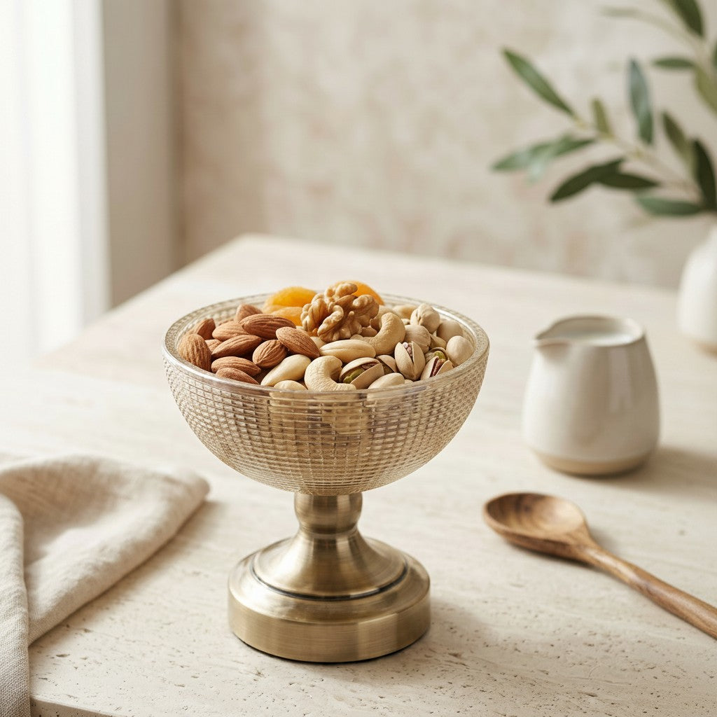 High Objects antique brass textured pedestal bowl filled with almonds, cashews, pistachios, walnuts, and dried apricots.
