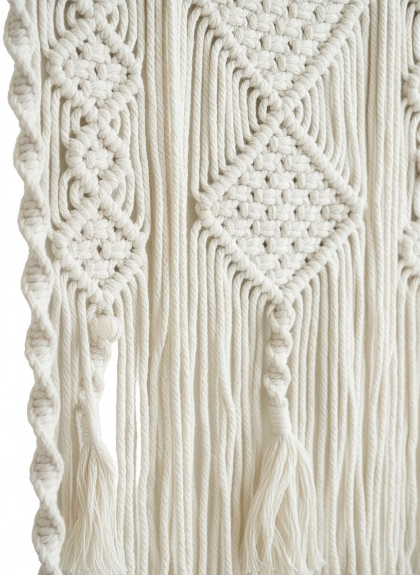 High Objects Anya Macramé Floating Pavilion shelf with ivory cotton cord, wood platform, and boho fringe detail.