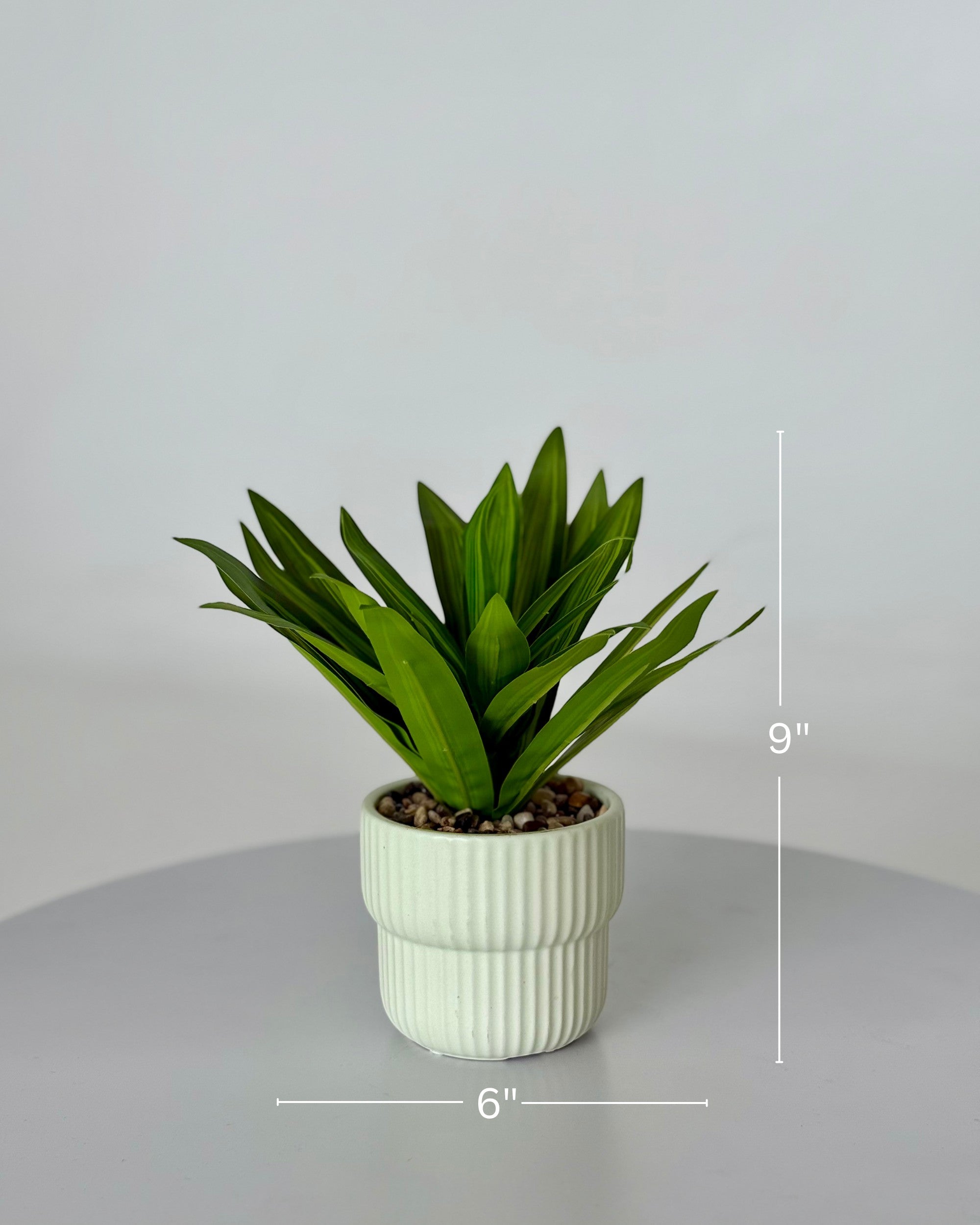 High Objects Artificial Dracaena Lemon Lime Plant with striped green leaves in a white ribbed ceramic pot with pebbles.