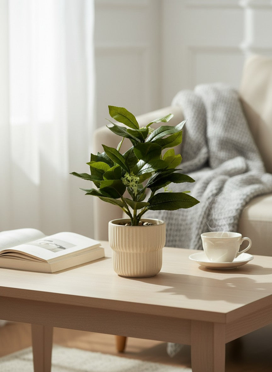 High Objects artificial classic dracaena leaf plant in a ribbed cream pot, 11 inches tall.