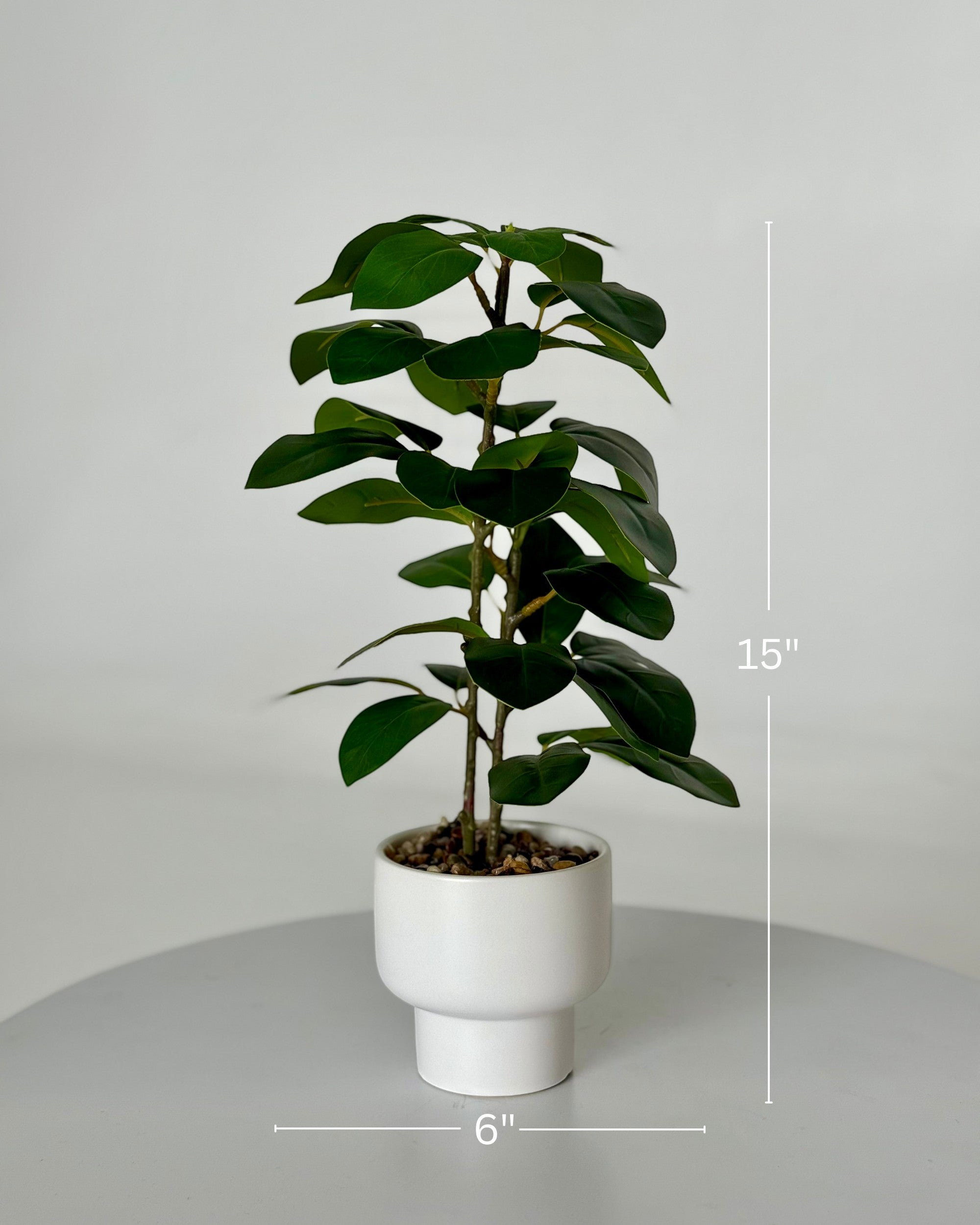 High Objects Artificial Green Rubber Leaf Plant in a white ceramic pot, 15 inches tall, with broad, realistic leaves.