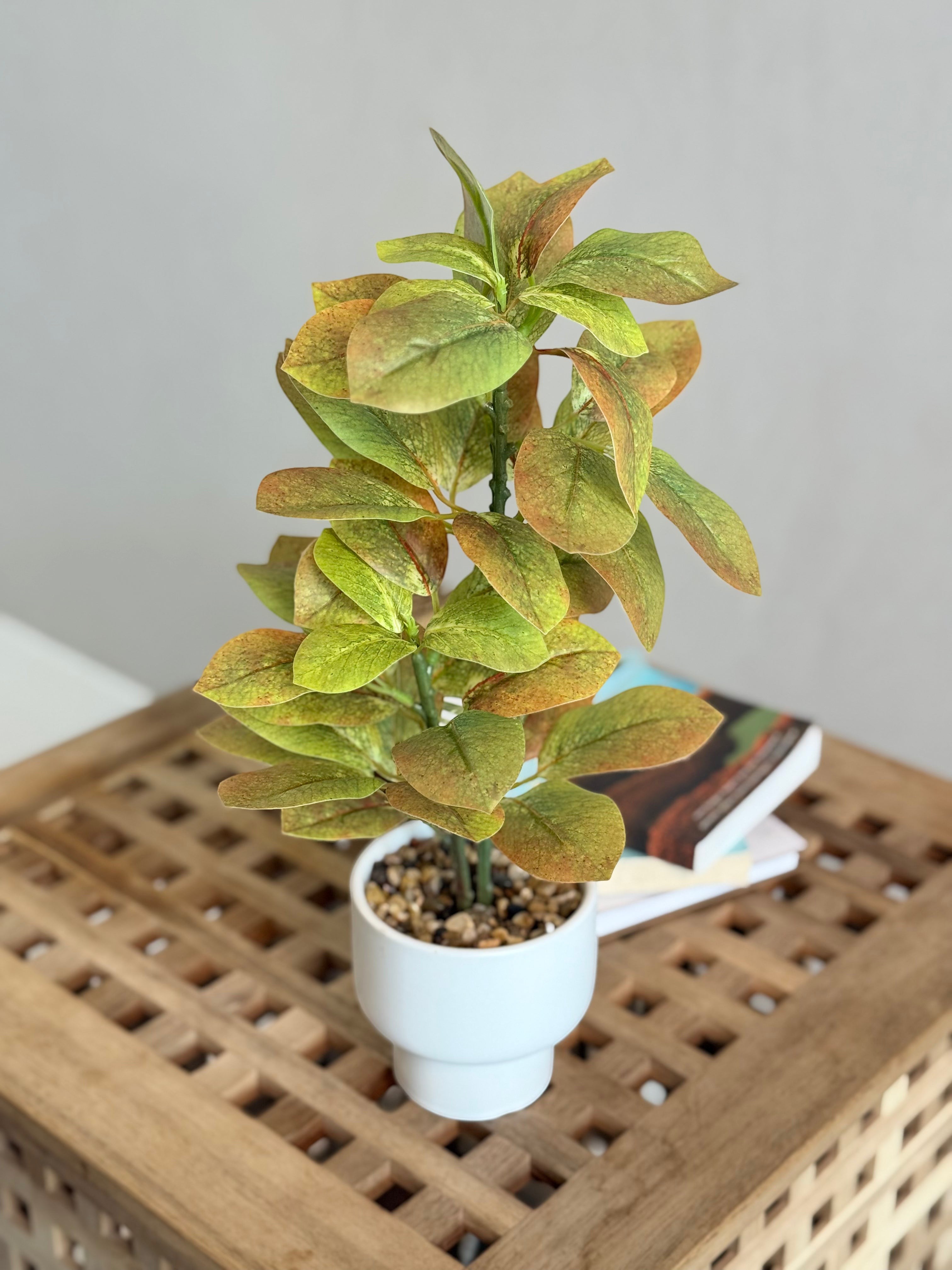High Objects artificial variegated rubber plant with green, yellow, and red leaves in a white ceramic pot.