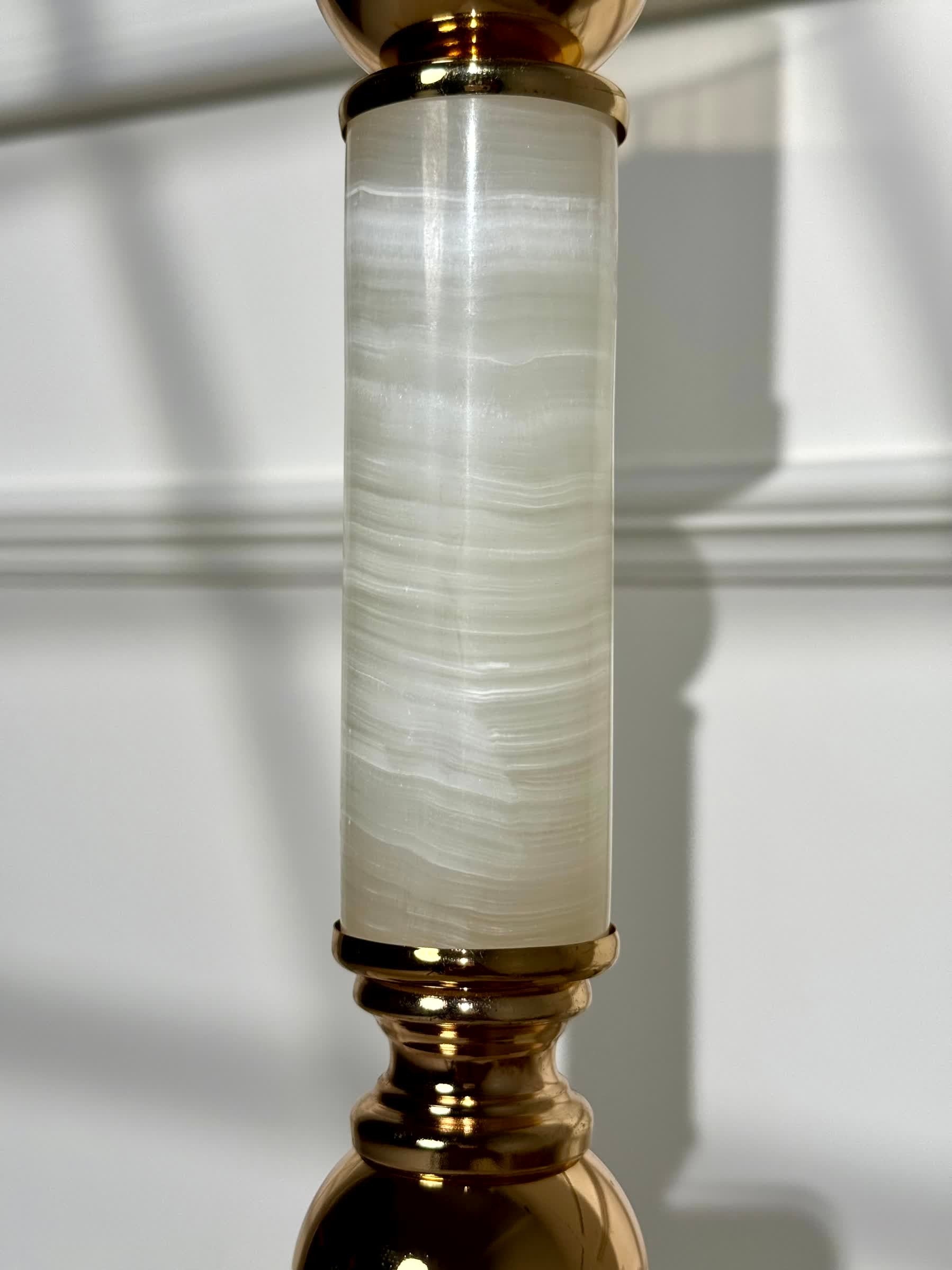 High Objects Aurora Column Candle Stand Set, white marble column with gold accents and glass candle holder.