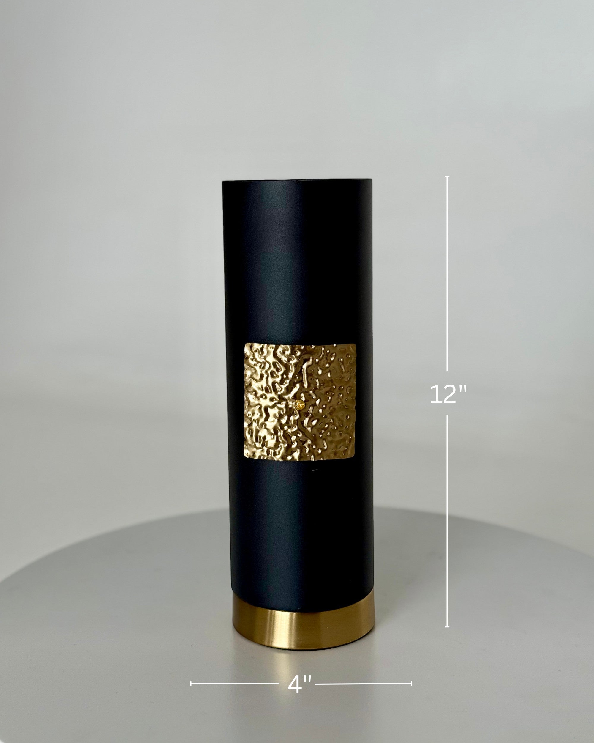 High Objects Aurum Noir matte black cylindrical vase with textured gold band and gold base, 12" H x 4" W.