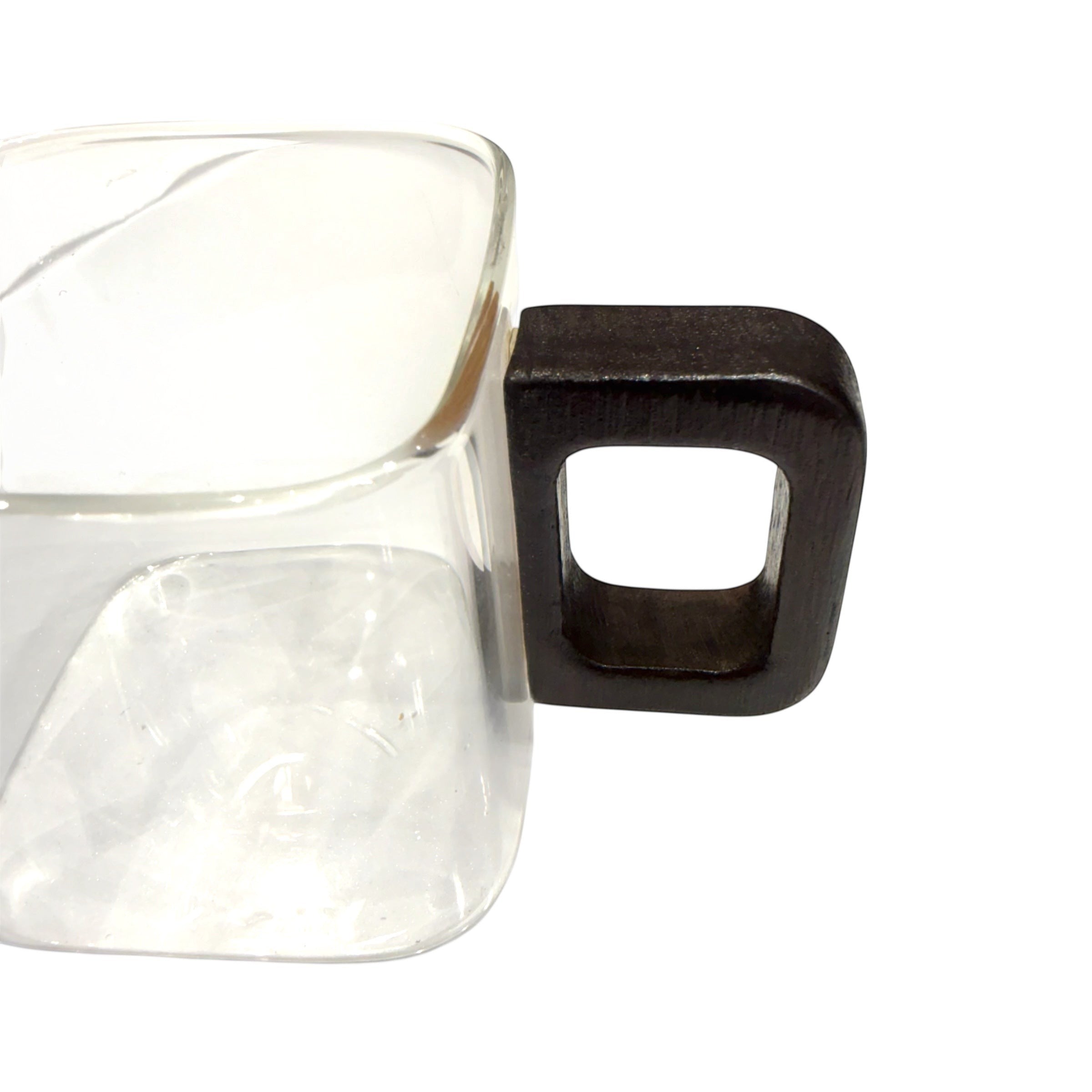 High Objects AXISFORM™ square glass cup with a dark wood geometric handle. Set of 6.