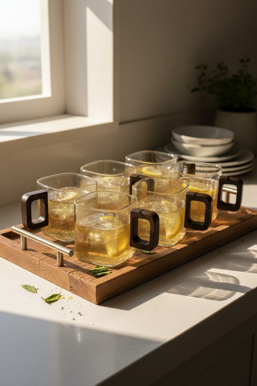 High Objects AXISFORM™ set of 6 square glass cups with geometric wood handles, filled with iced beverages.