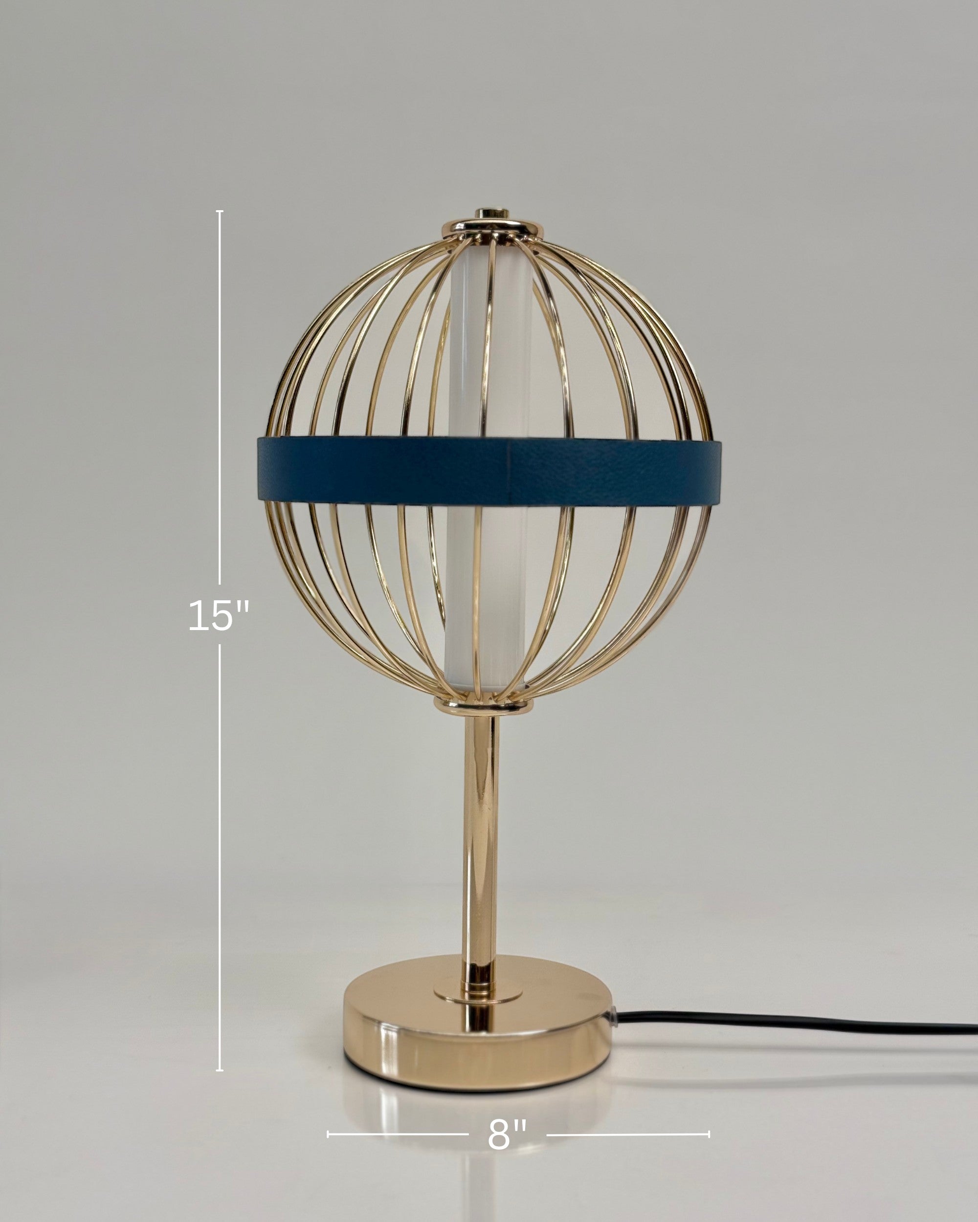 High Objects Azure Aurette Cage Table Lamp with gold wire globe, blue leather accent band, and gold stem on a white background.