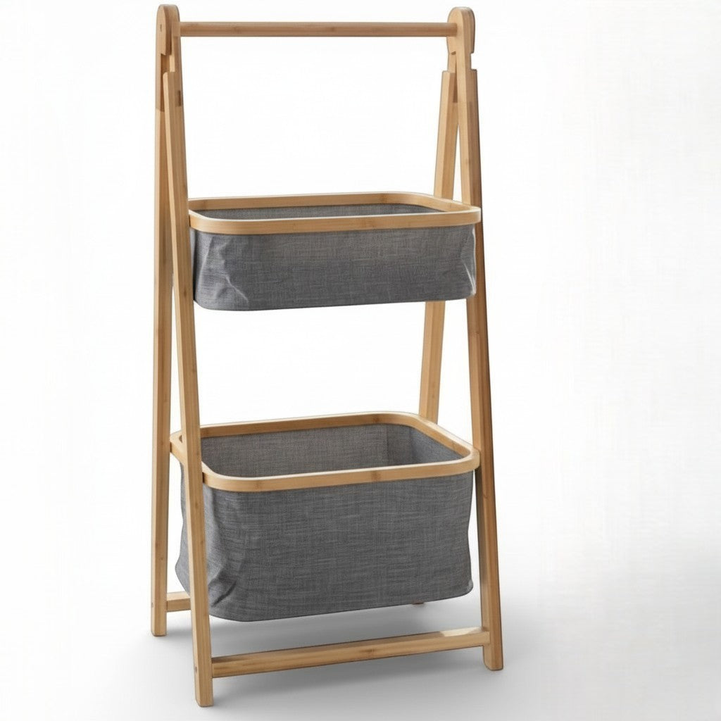 High Objects natural bamboo frame storage organizer with two grey fabric baskets holding towels, books, and plants.