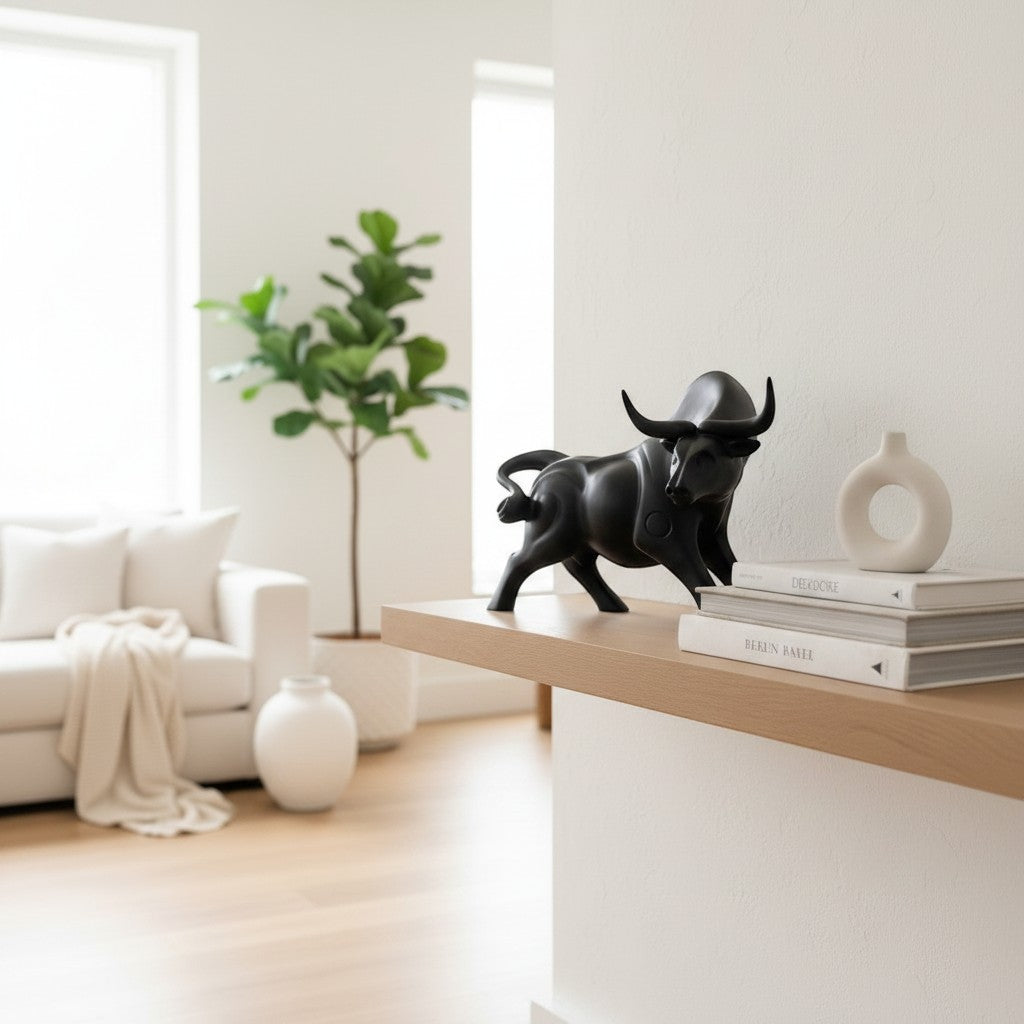 High Objects black bull showpiece on a wooden shelf with books and a white vase.
