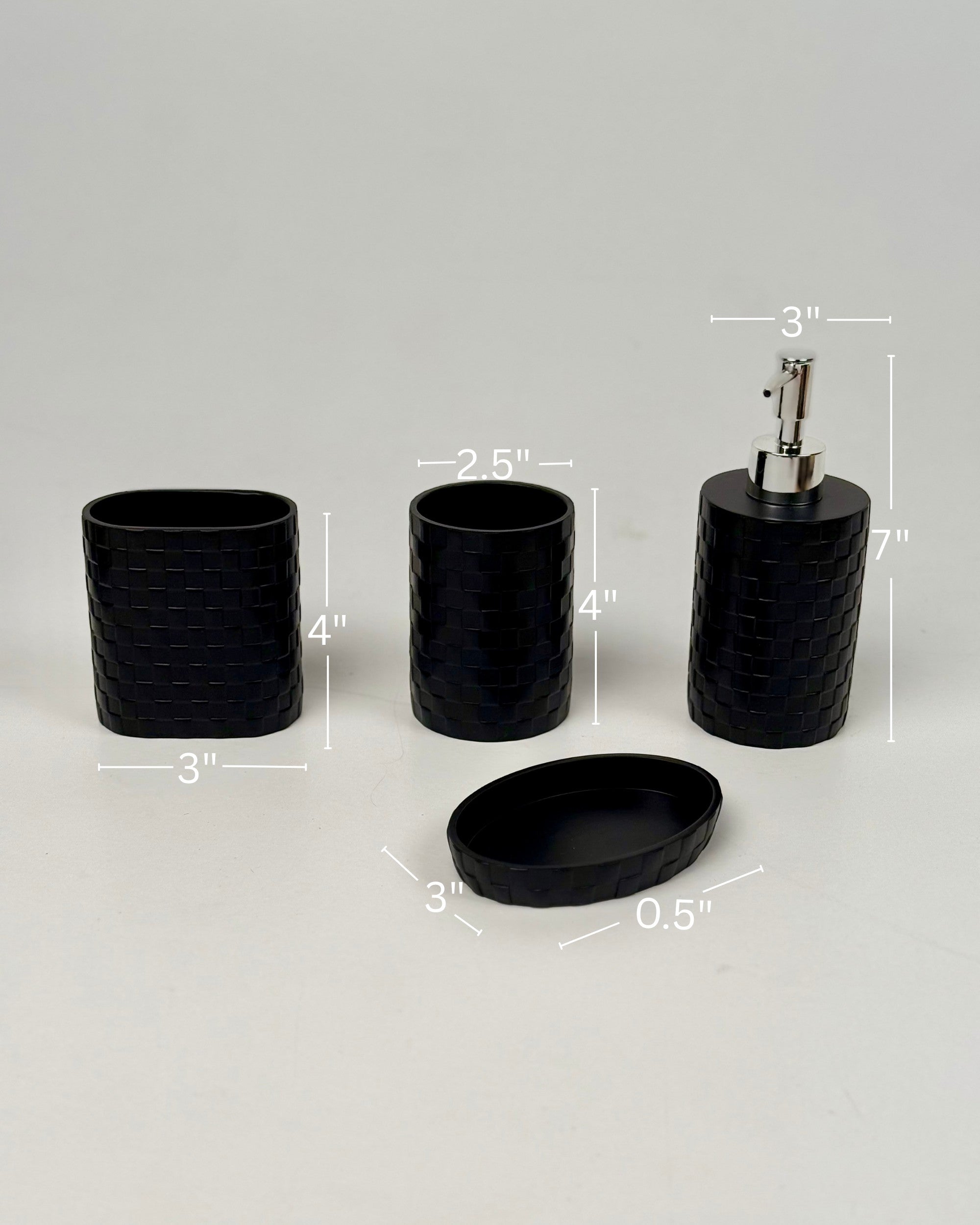 High Objects black woven bathroom accessory set including soap dispenser, toothbrush holder, cup, and soap dish.