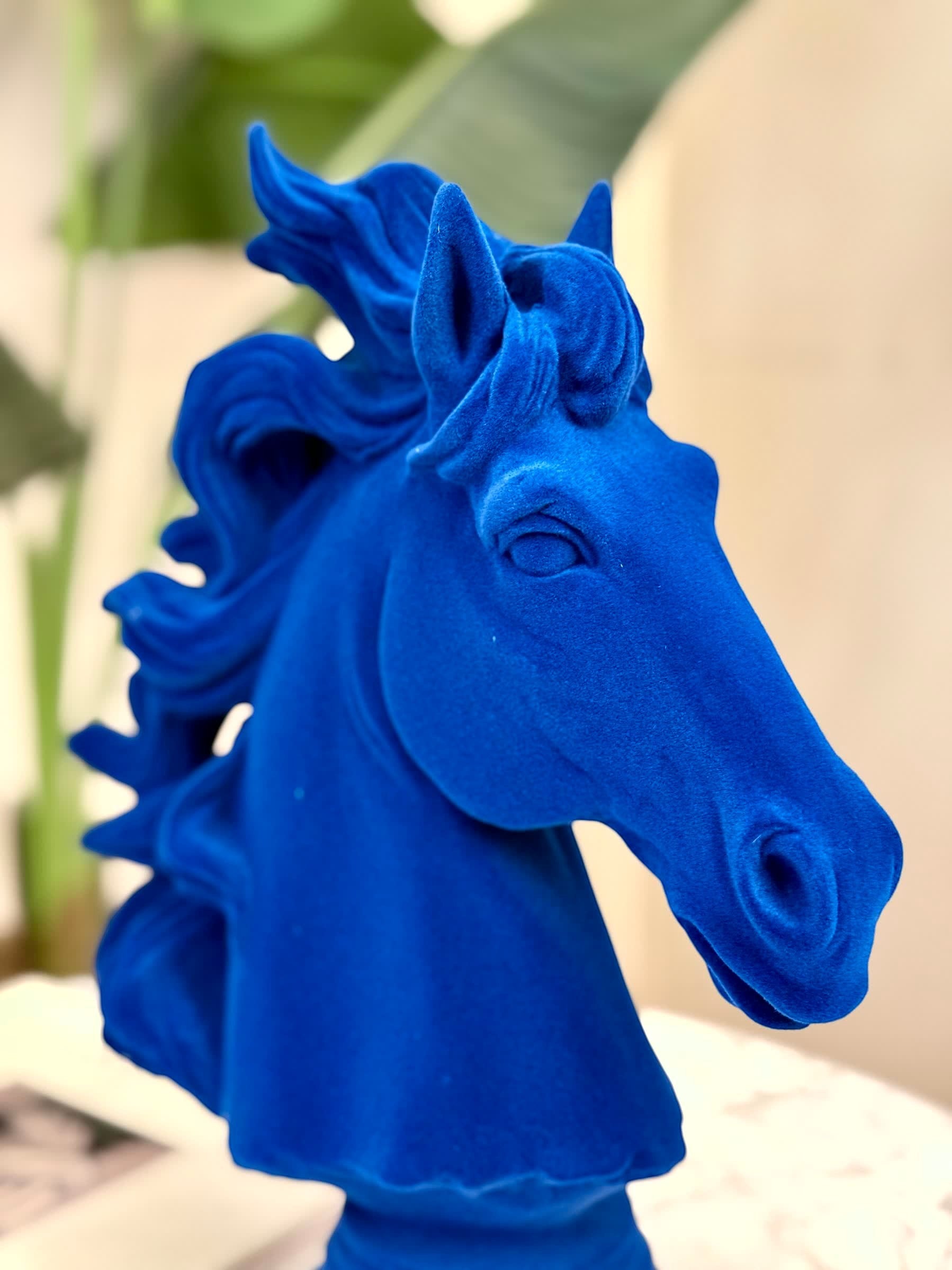 High Objects blue velvet horse bust showpiece with flowing mane and pedestal base.