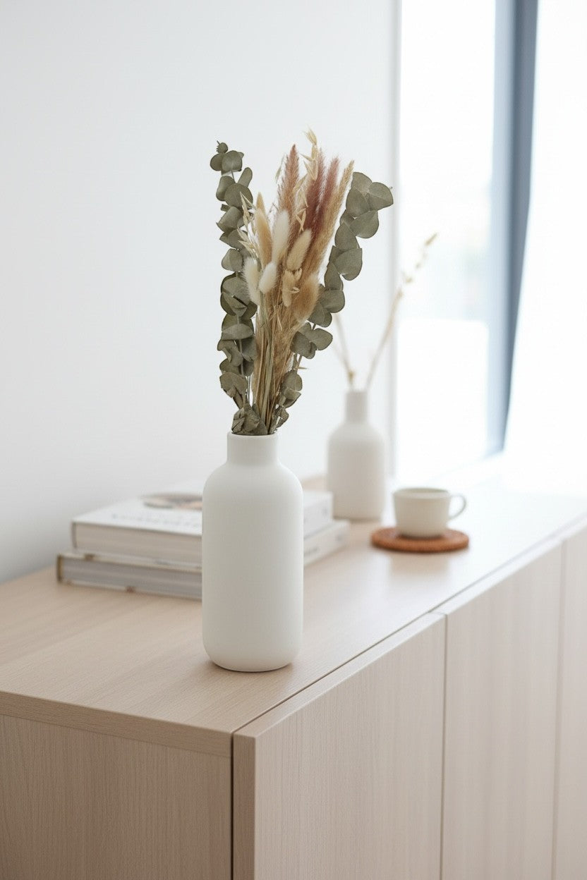 High Objects Botanical Eucalyptus Harvest dried flower arrangement with eucalyptus, pampas grass, bunny tails, and grain stems in a white vase.