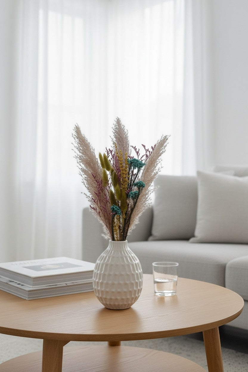 High Objects Botanical Velvet Meadow dried flower arrangement with pampas grass, bunny tails, magenta florals, and teal berries in a white vase.