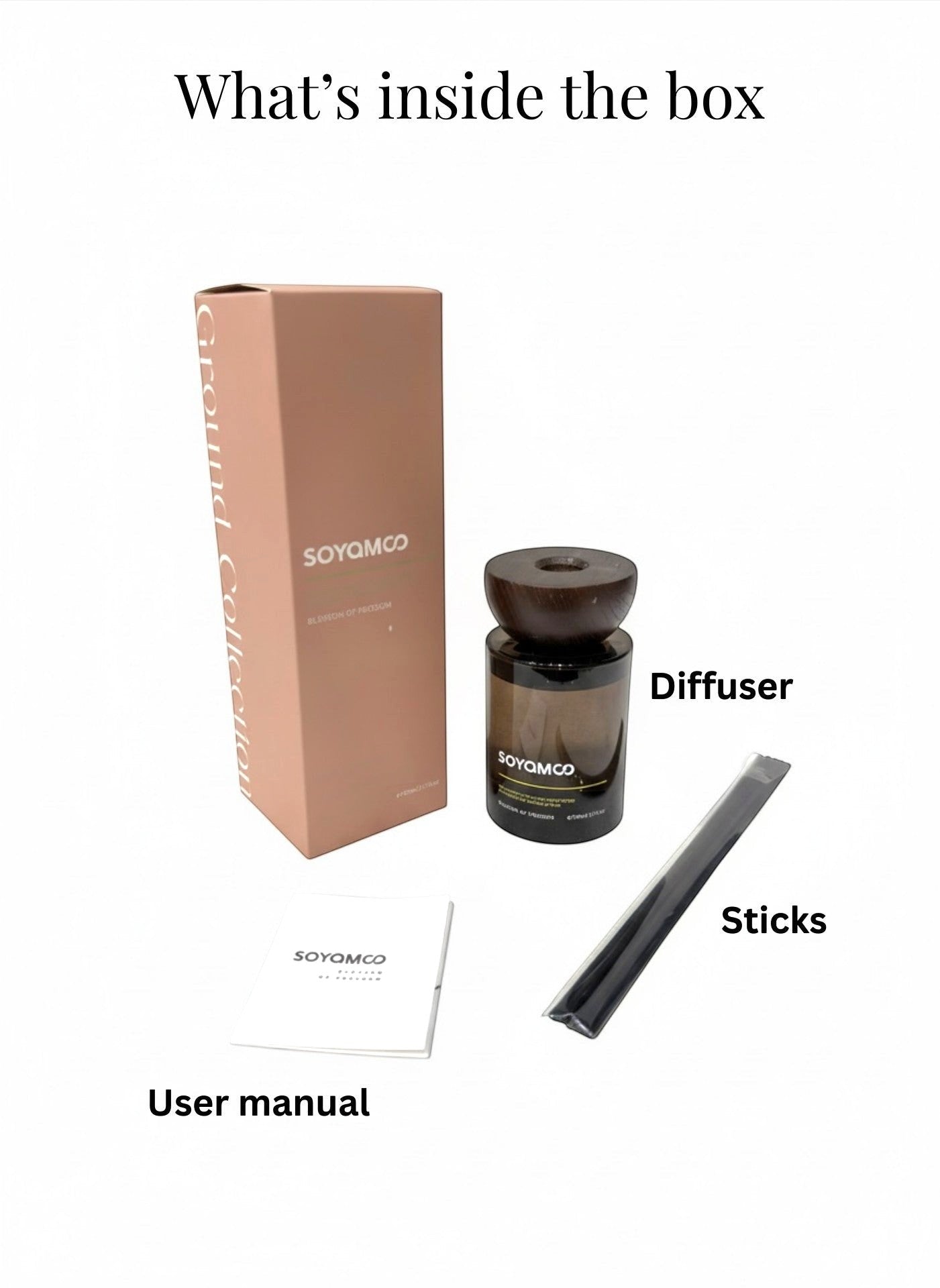 High Objects compact brown glass reed aroma diffuser with oriental wood scent, 110ml capacity, includes diffuser bottle, reed sticks, and user manual.