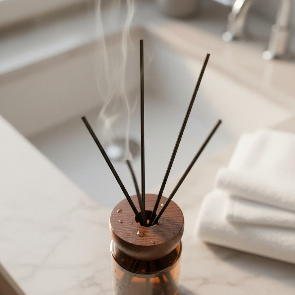 High Objects compact brown glass reed diffuser with oriental wood scent, 110ml capacity, on a marble countertop.