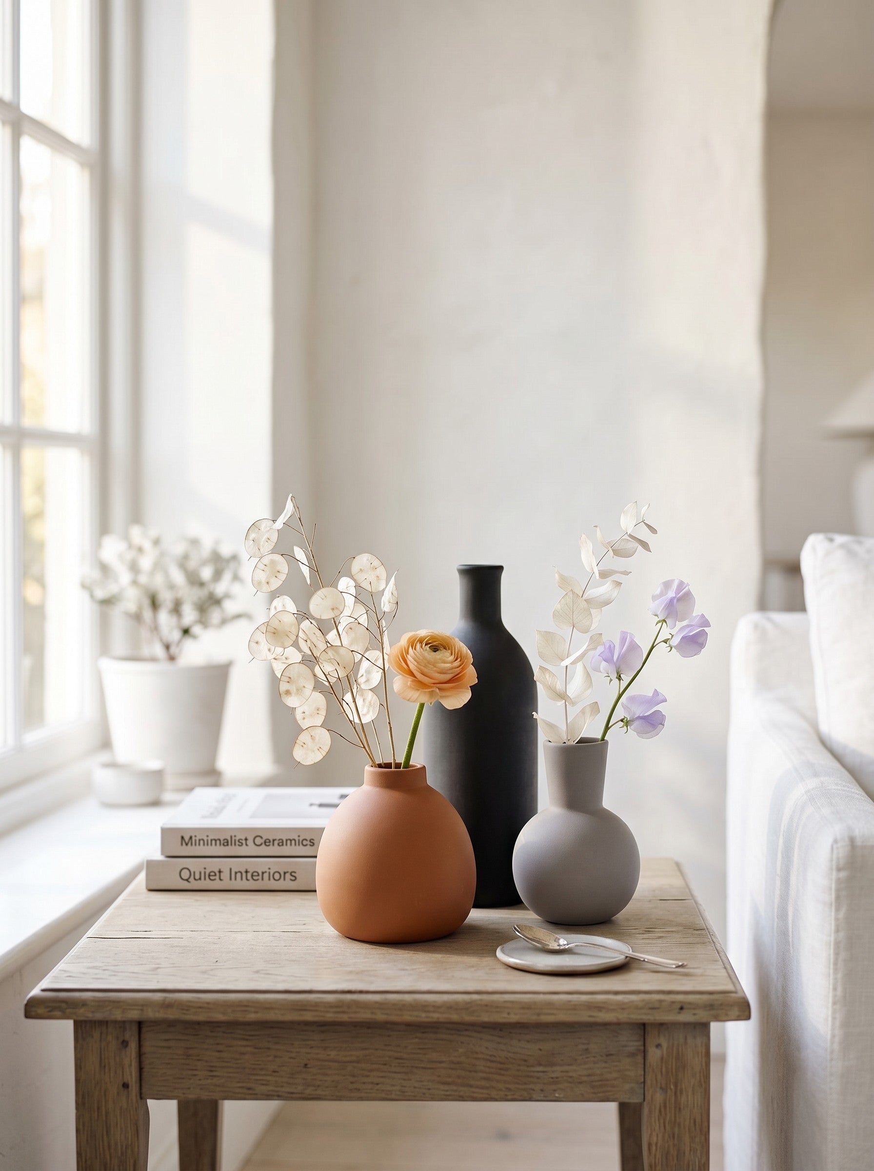 High Objects set of 3 ceramic vases in black, terracotta, and light grey. Modern minimalist design.