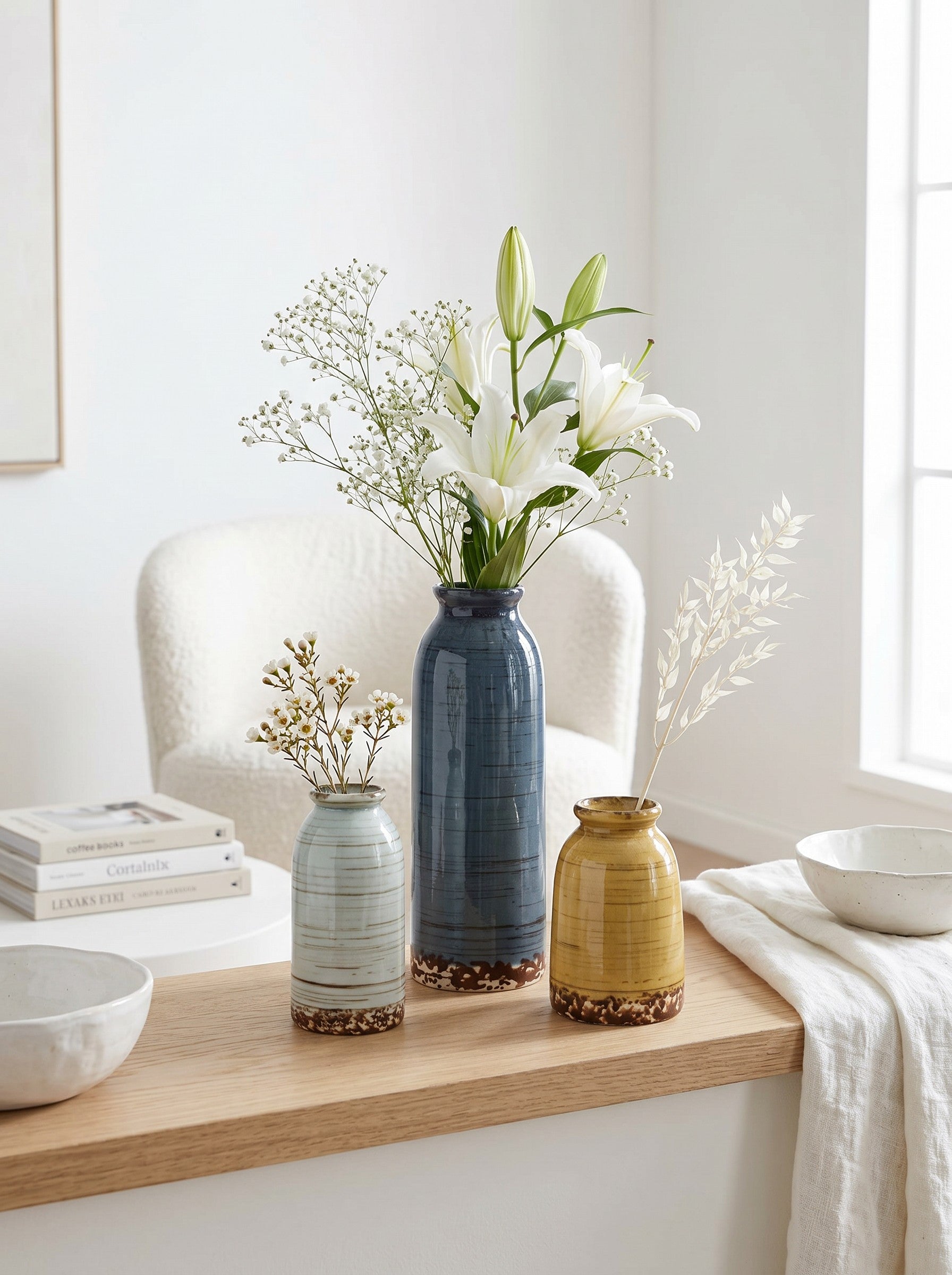 High Objects set of 3 ceramic vases in blue, yellow, and light blue with textured horizontal lines and brown speckled bases.