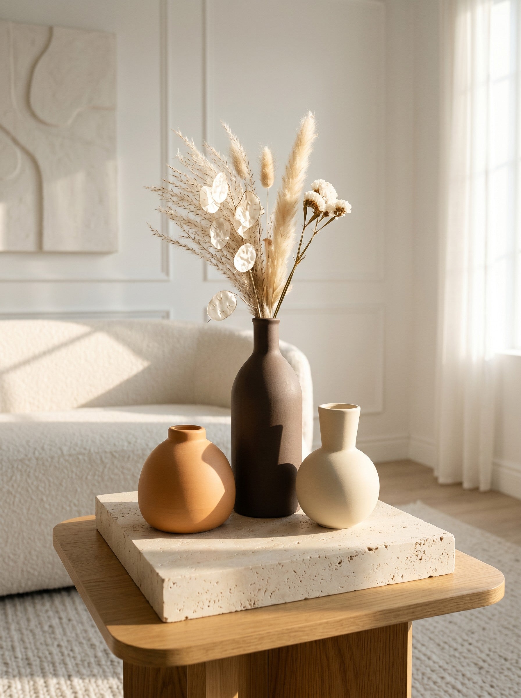 High Objects set of 3 ceramic vases in brown, beige, and tan. Round and bottle shapes.