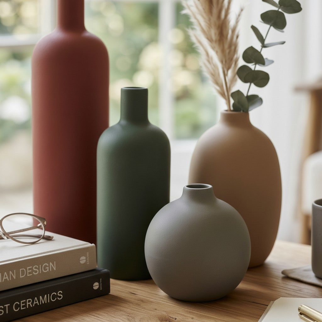 High Objects collection of matte ceramic vases in terracotta, olive green, taupe, and grey, with pampas grass and eucalyptus.