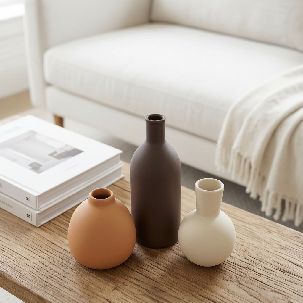 High Objects set of 3 ceramic vases in terracotta, dark brown, and cream, holding dried flowers and white blooms.