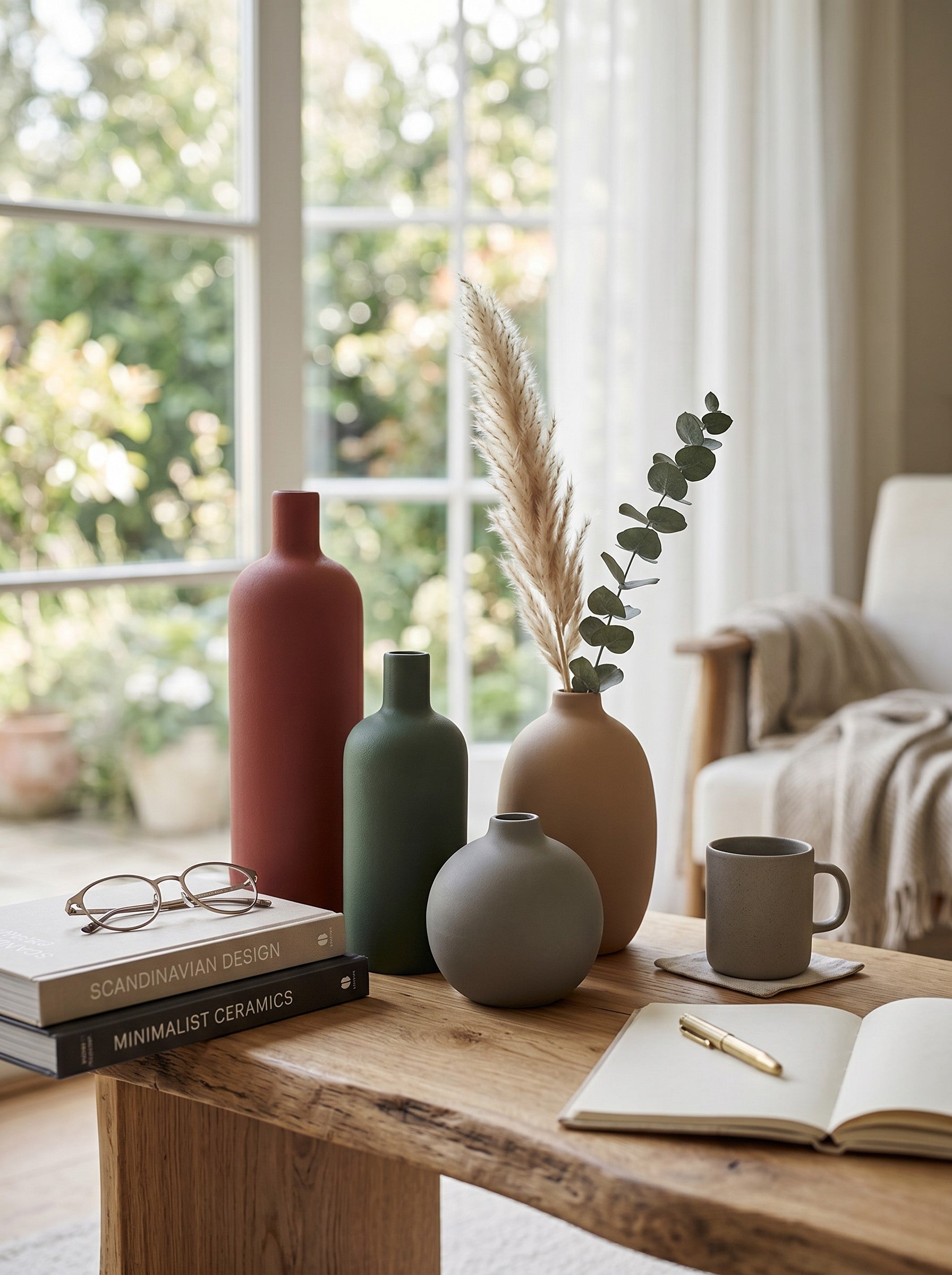 High Objects set of 4 matte ceramic vases in green, rust, grey, and tan. Various shapes and sizes.