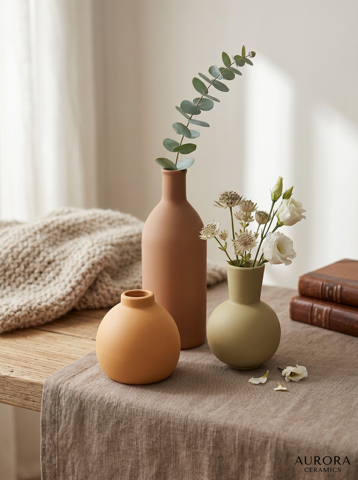 High Objects set of 3 ceramic vases in terracotta, sage green, and orange. Round and bottle shapes.