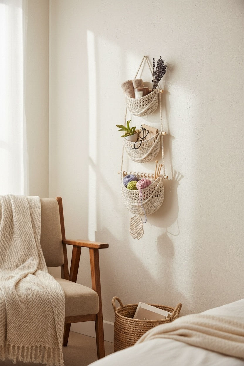 High Objects cream macrame wall hanging with three woven pockets and wooden dowels, holding yarn and decor.