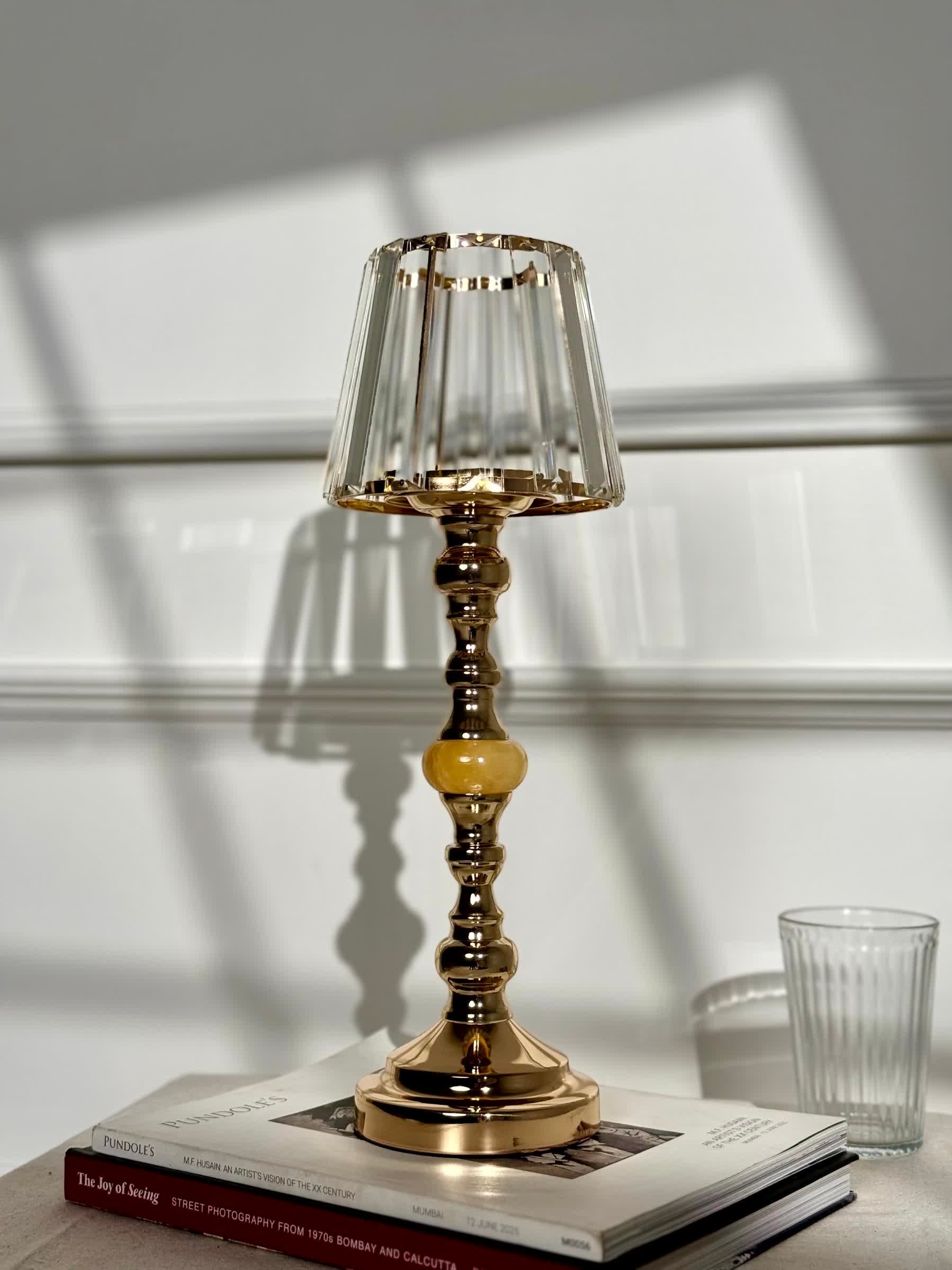High Objects Crystal Belle candle stand with faceted glass shade and gold pedestal stem with bead details.
