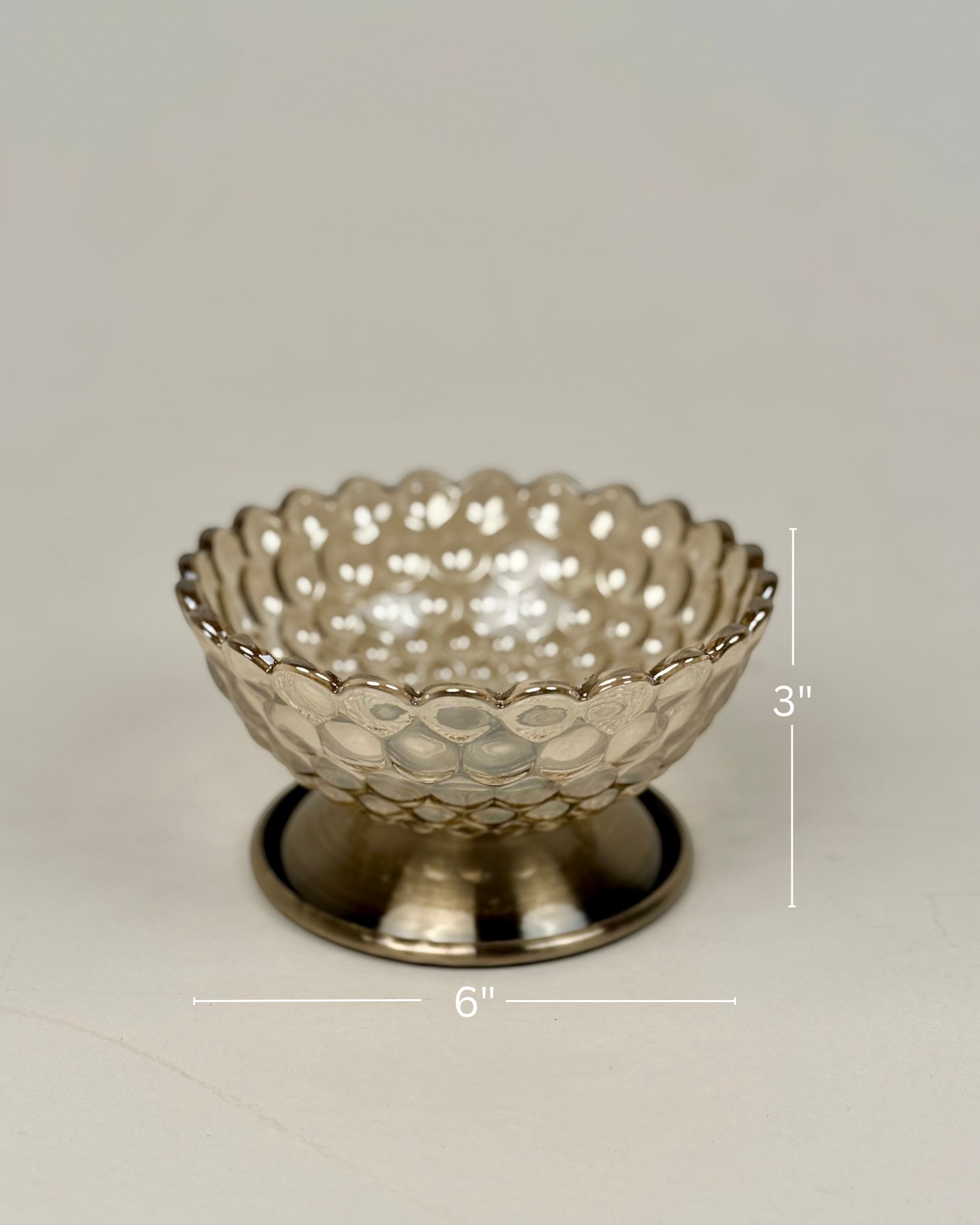 High Objects Crystal Bloom Accent Bowl, textured glass with scalloped rim on a metallic pedestal base. 6" W x 3" H.