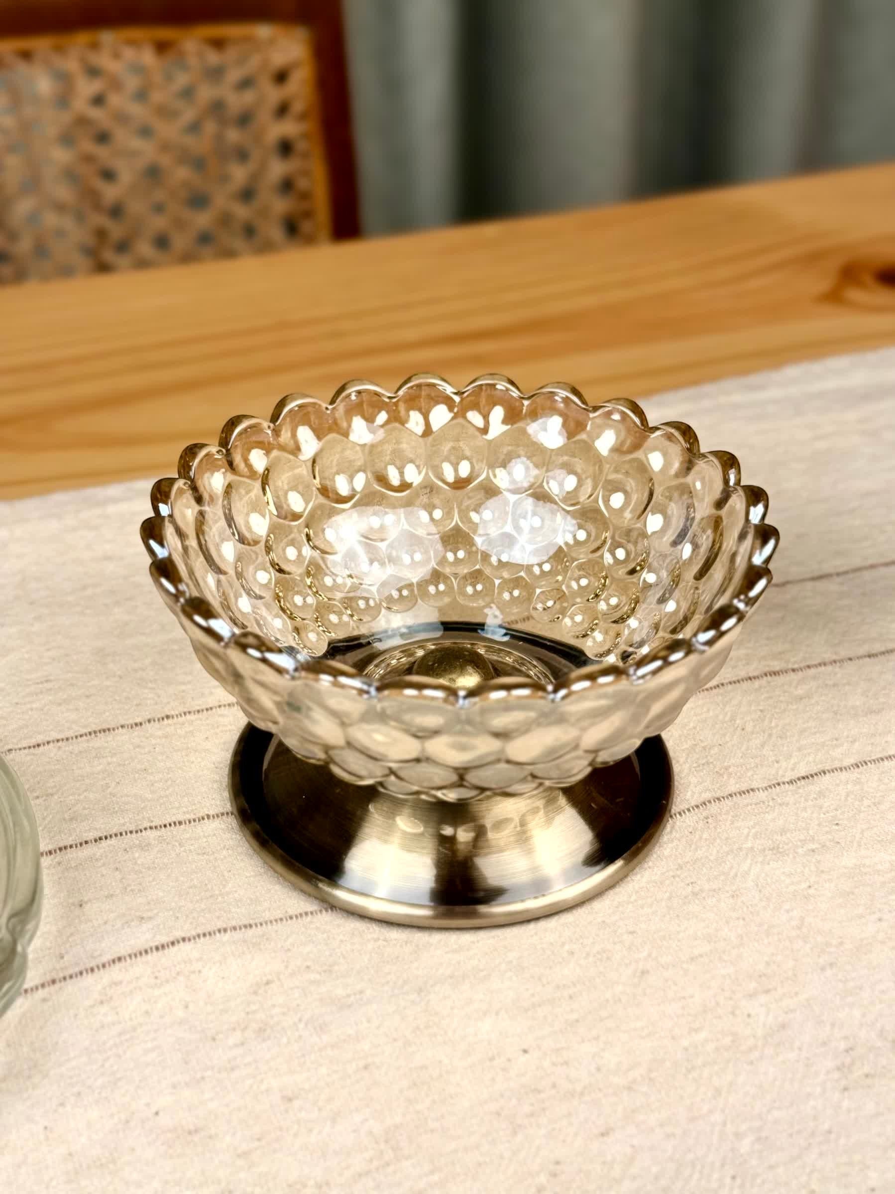 High Objects Crystal Bloom Accent Bowl with scalloped rim and metallic base, textured glass, 6" diameter.
