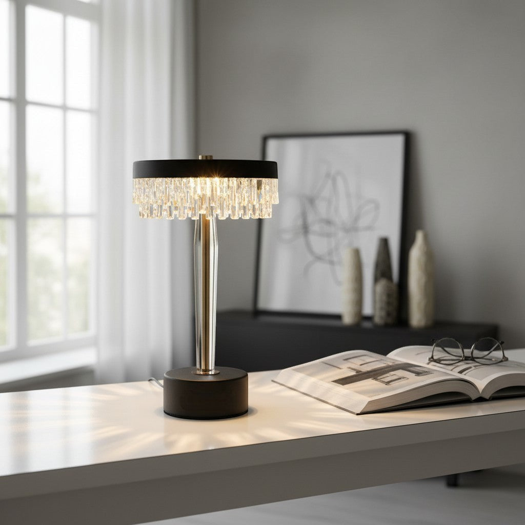 High Objects Crystal Halo Table Lamp with black shade and crystal accents, casting warm light.