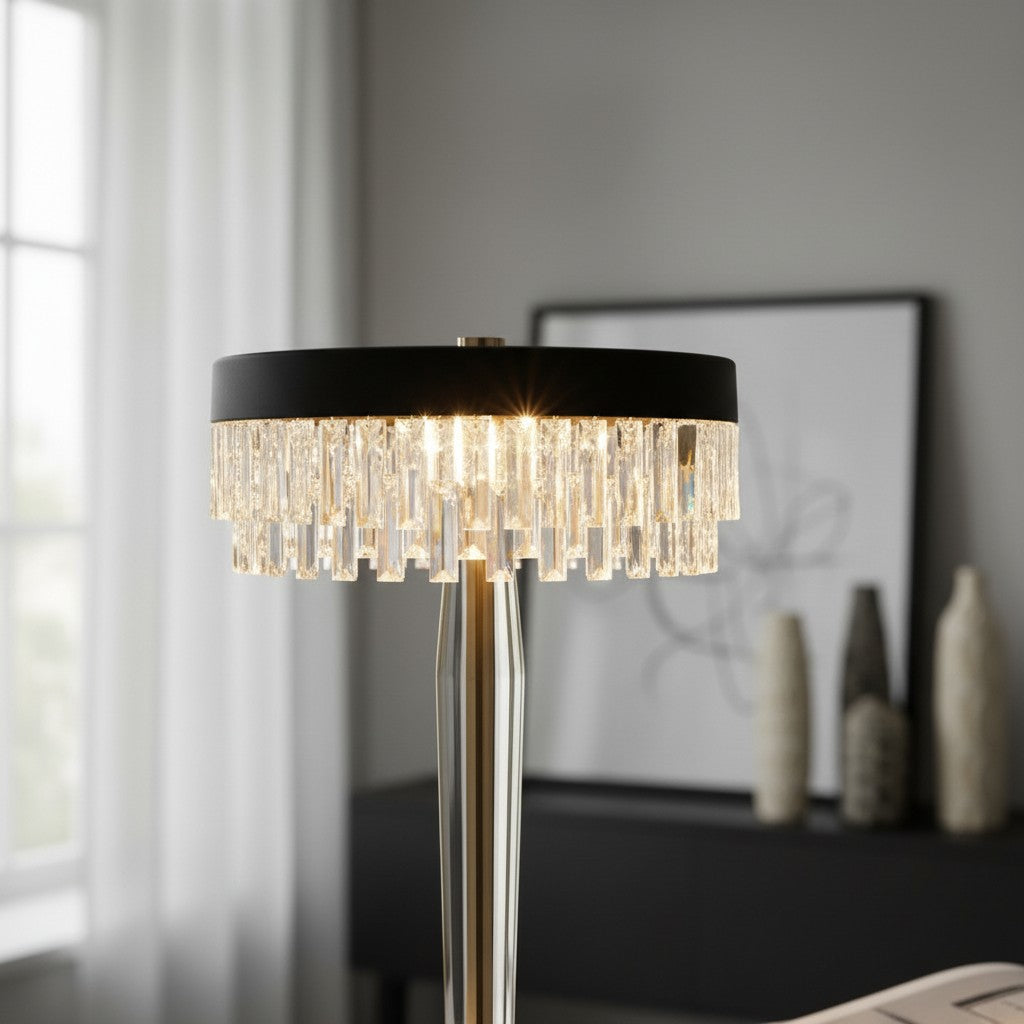 High Objects Crystal Halo Table Lamp with black shade and gold stem, featuring cascading crystal accents and a round black base.