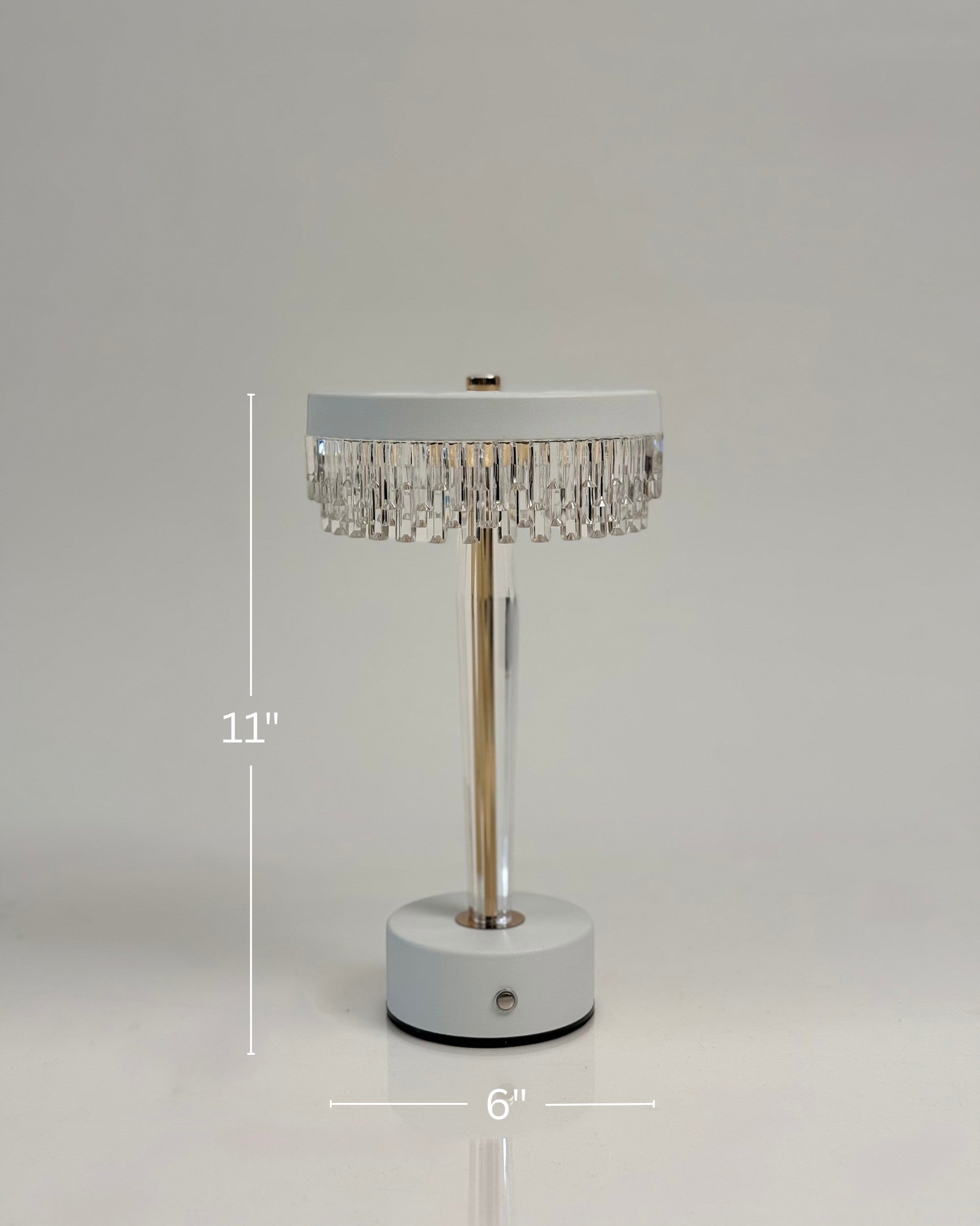 High Objects Crystal Halo Table Lamp with white shade and base, gold stem, and crystal fringe detail. 11" H x 6" W.