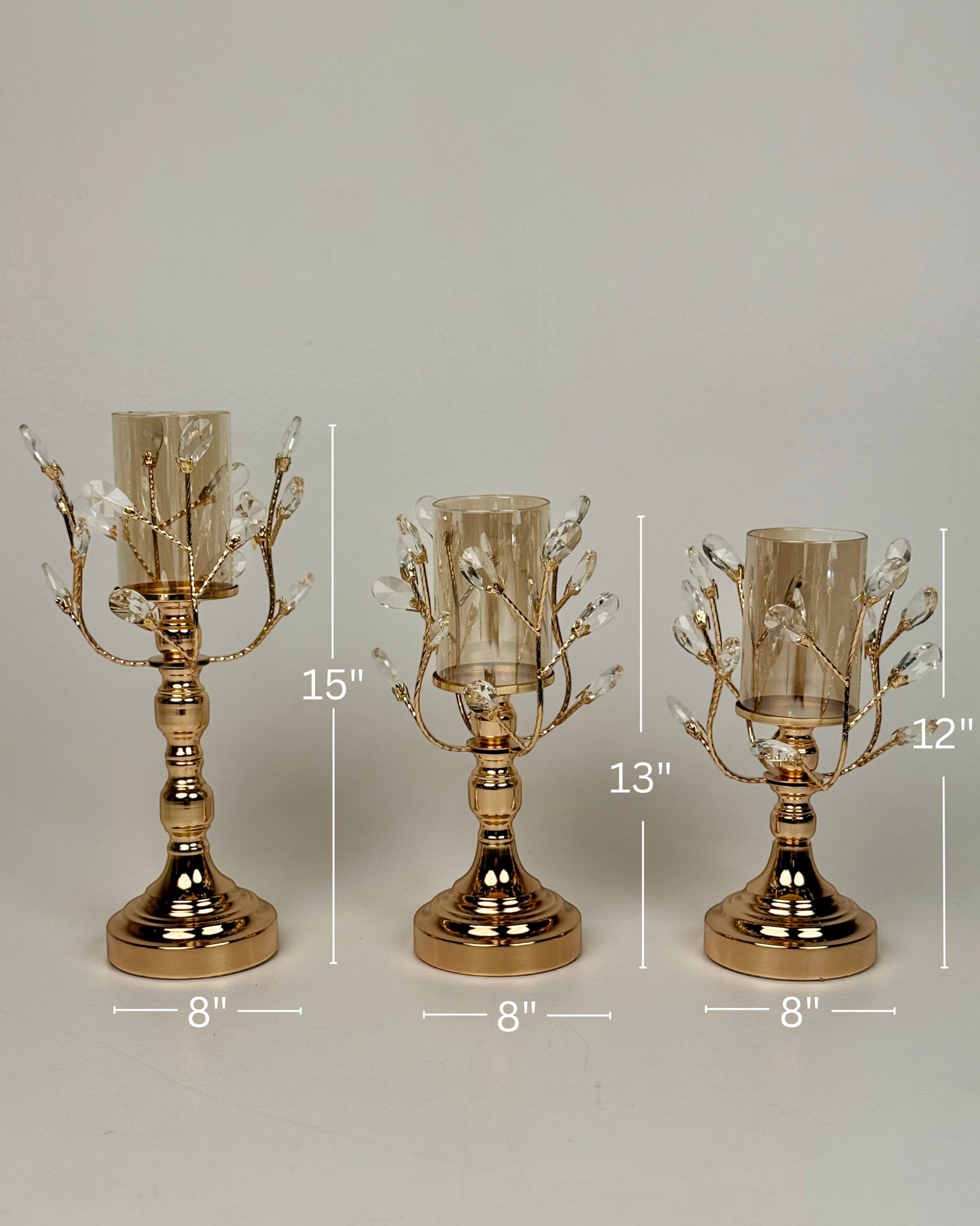 High Objects Crystal Vine Candle Stand Set, gold metal with crystal leaves and amber glass hurricanes, 3 sizes: 15", 13", 12"