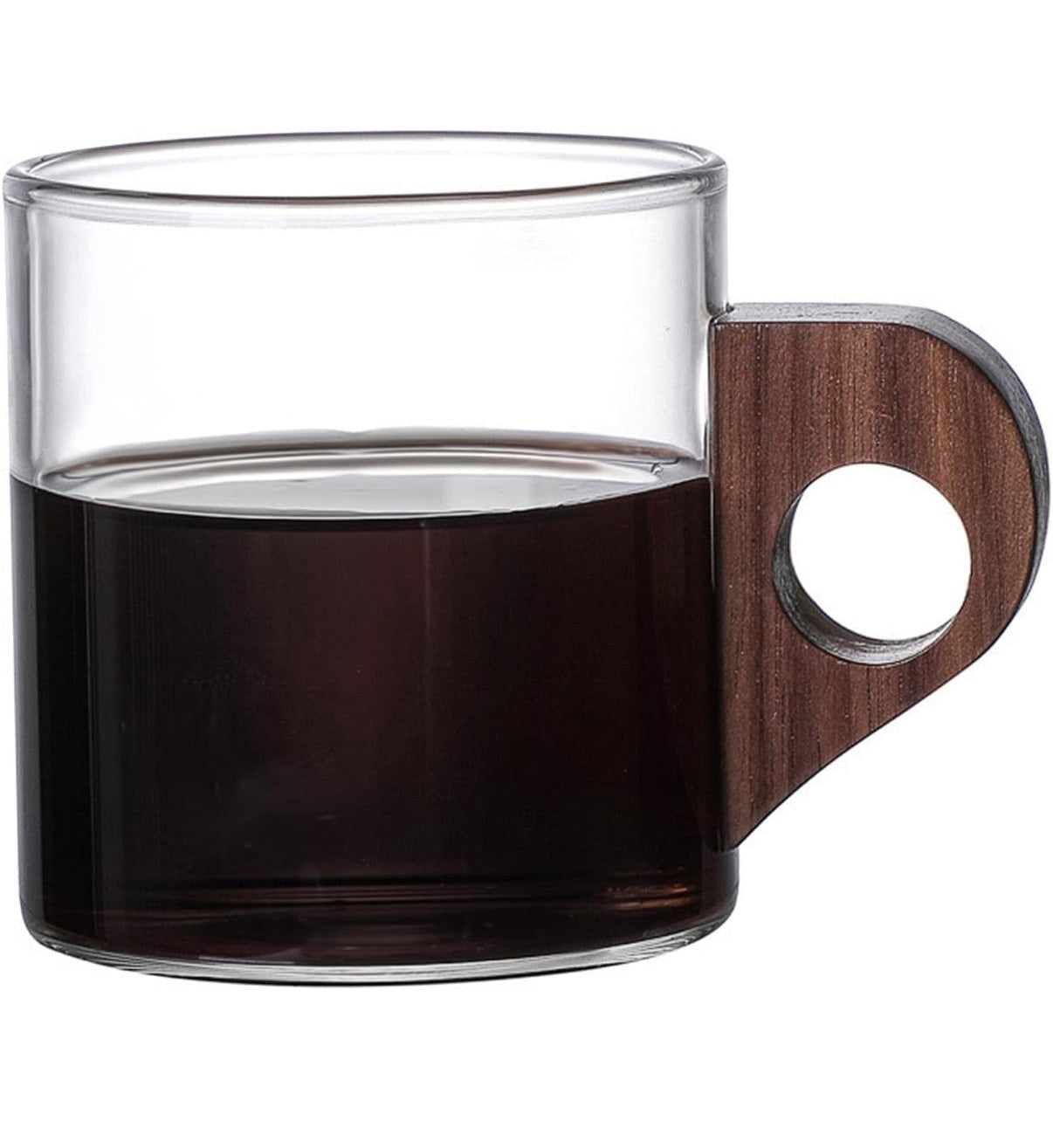 High Objects EchoBrew clear glass cup with a dark wood handle, perfect for coffee or tea.