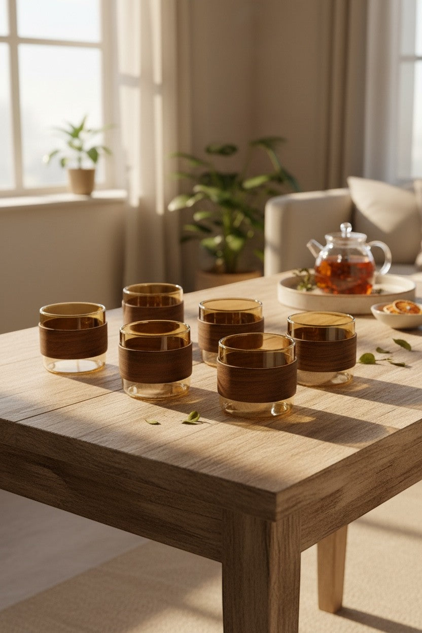 High Objects EMBERFORM™ set of 6 amber-tinted glass cups with wooden grip sleeves, perfect for tea or coffee.