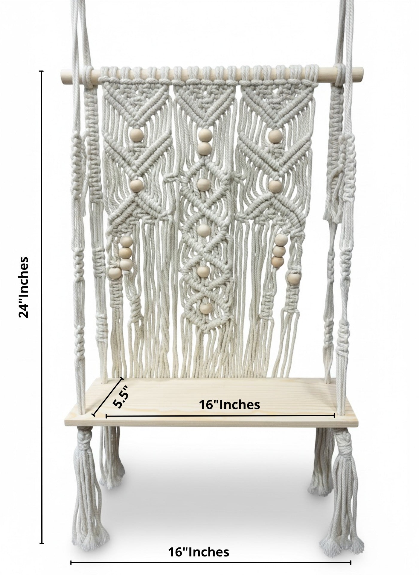 High Objects Ethos Boho Wall Shelf: Natural cotton macrame shelf with wooden beads and a pine wood base. Handmade.