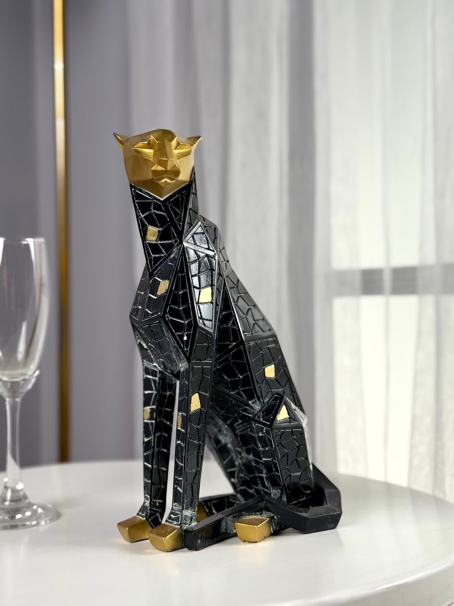 High Objects Geometric Panther Showpiece, black polyresin with gold accents, modern abstract mosaic design.