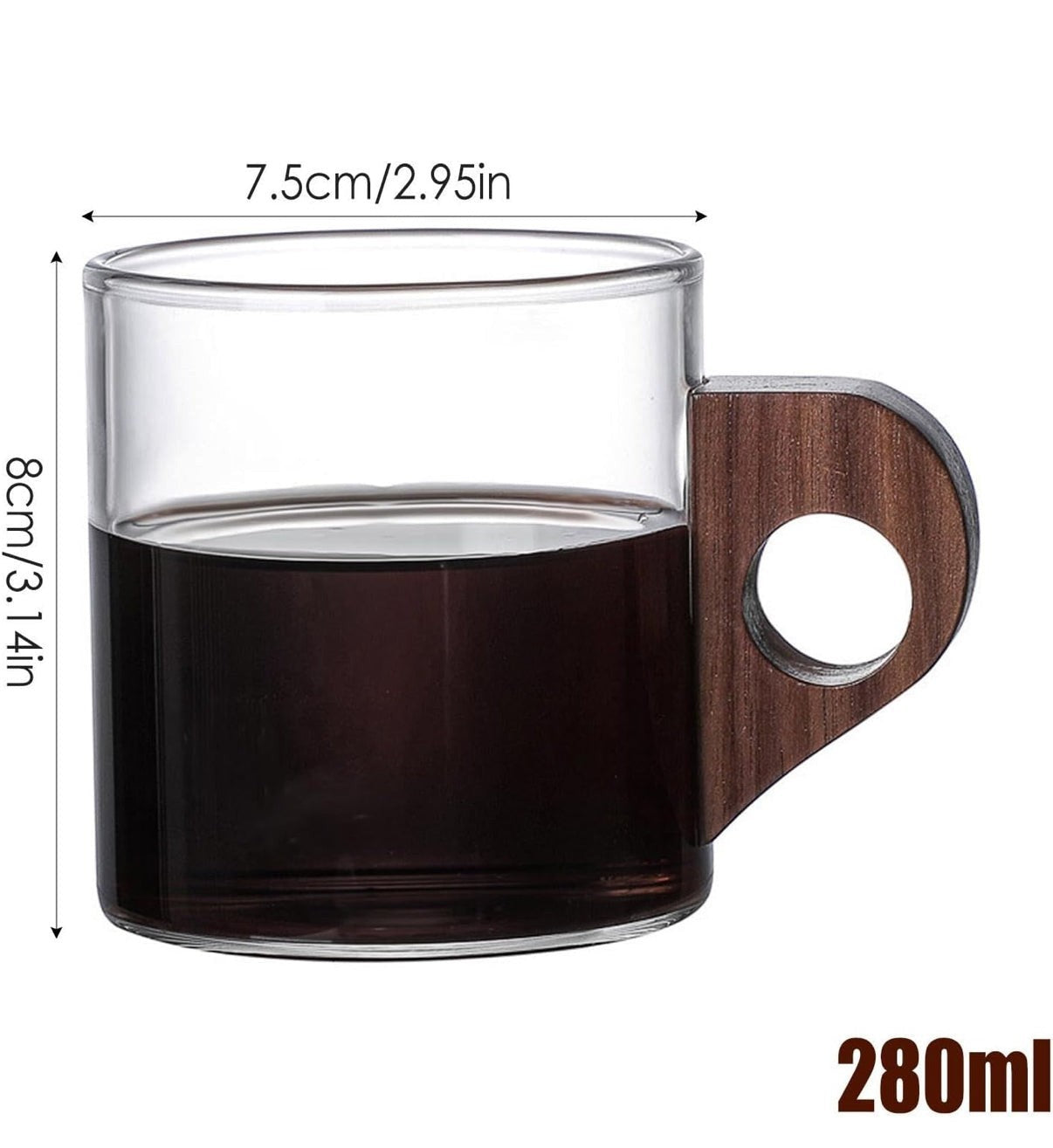 High Objects clear glass coffee cup with a wooden handle and a capacity of 280ml.
