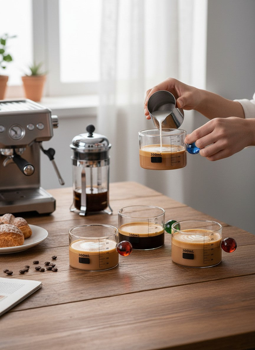 High Objects glass measuring cups with colored sphere handles, set of 4, 300ml capacity, ideal for coffee or cocktails.