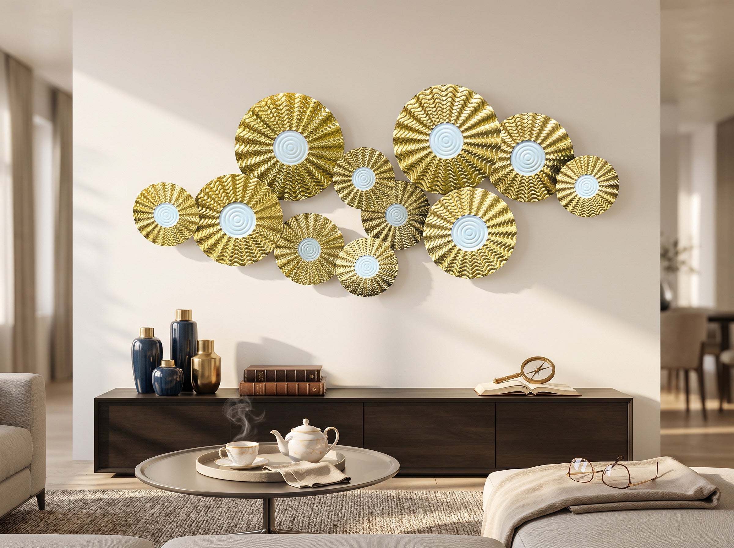 High Objects gold metal wall art featuring a cluster of textured circular discs with white centers in a modern living room