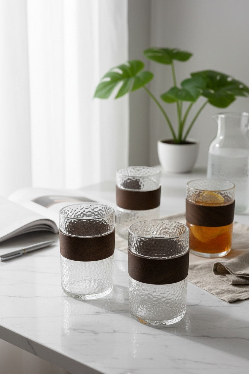 High Objects HALOFORM™ set of 4 textured clear glass cups with dark wood bands for hot or cold drinks.