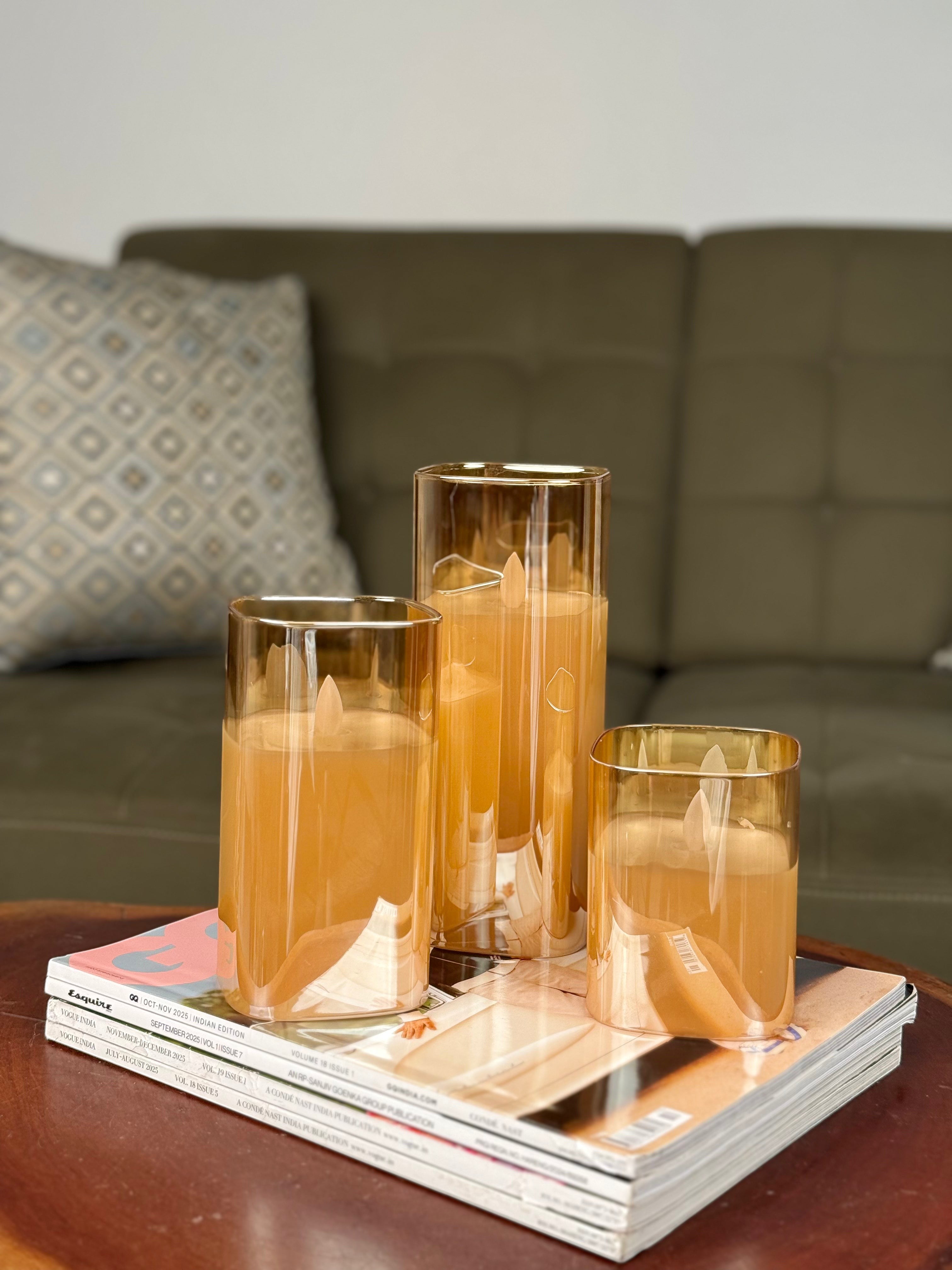 High Objects Halomist LED candles in amber glass, set of 3, modern design, flickering LED flame.